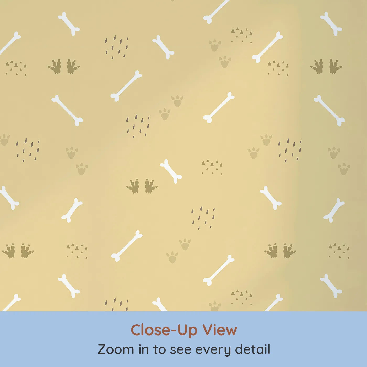 Close-up view of Whimsy Tots' Dino Dig Basics Wallpaper in Fossil Beige (W3115A).Simple prints of dino tracks and bones add subtle prehistoric charm.