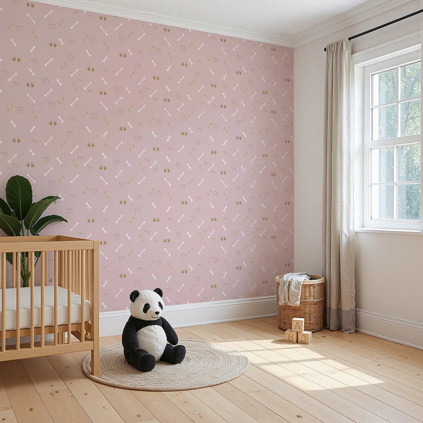 Angled view of Whimsy Tots' Dino Dig Basics Wallpaper in Rose Blush Pink (W3115B).Whispery prints and blush tones bring prehistoric peace.