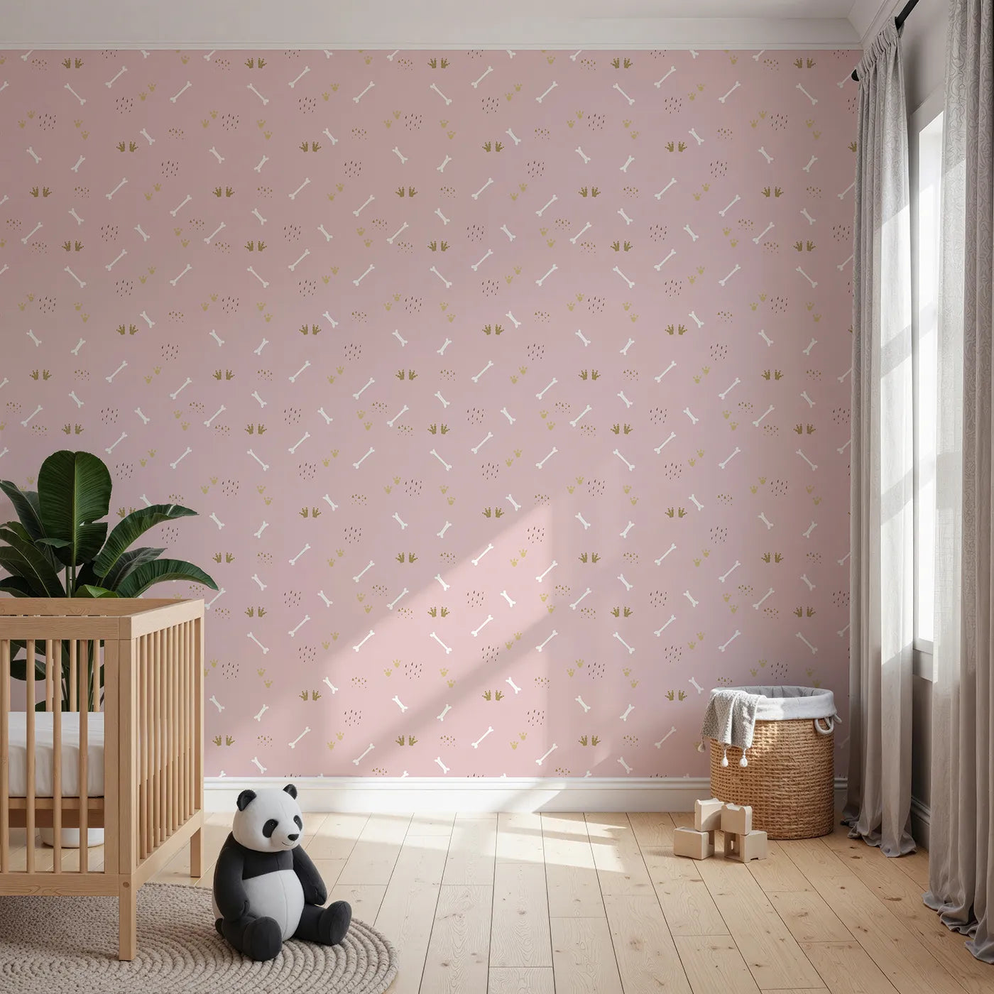 Front view of Whimsy Tots' Dino Dig Basics Wallpaper in Rose Blush Pink
