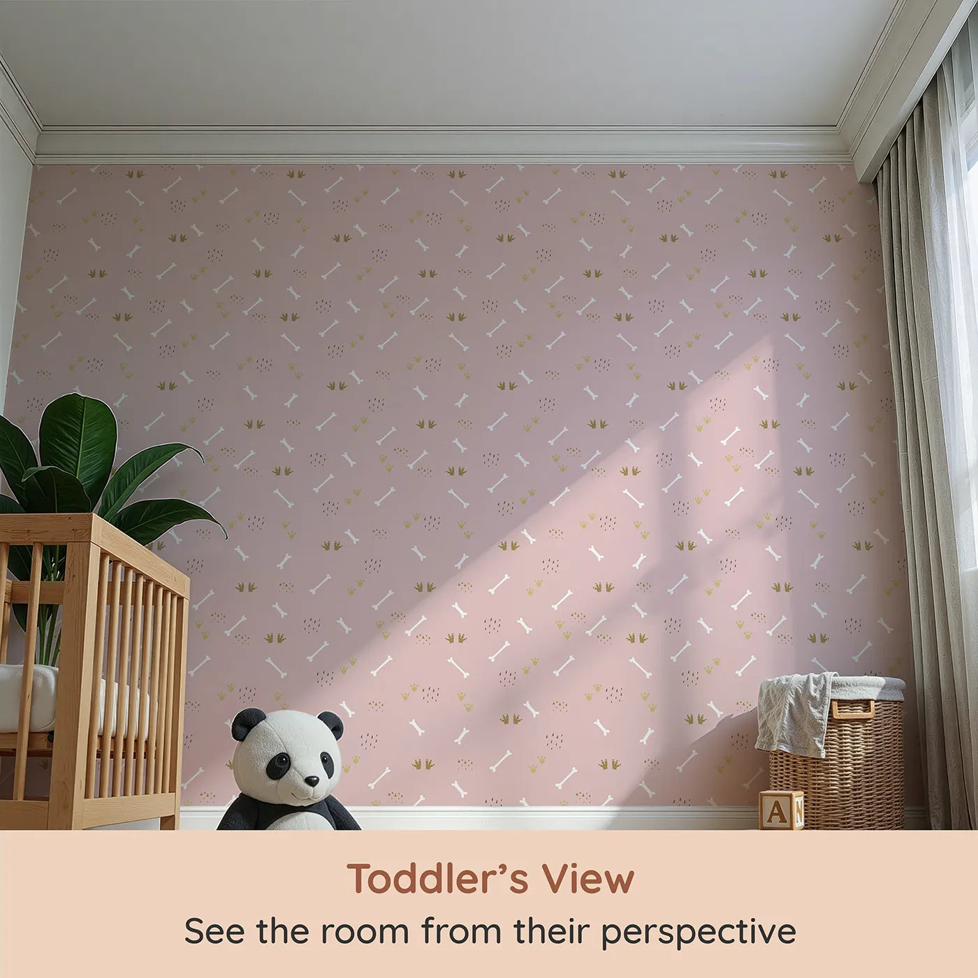 Whimsy Tots Dino Dig Basics Wallpaper in Rose Blush Pink (W3115B) from your child's view.Whispery prints and blush tones bring prehistoric peace.