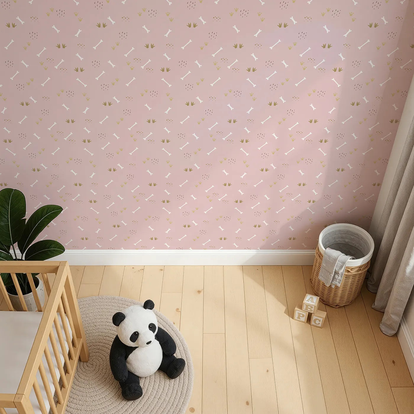 Top-Down view of Whimsy Tots' Dino Dig Basics Wallpaper in Rose Blush Pink (W3115B).Whispery prints and blush tones bring prehistoric peace.