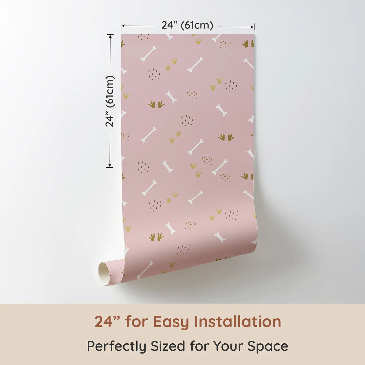 Dimension view of Whimsy Tots Dino Dig Basics Wallpaper in Rose Blush Pink (W3115B). Printed in 24-inch-wide panel for easy installation. Whispery prints and blush tones bring prehistoric peace.