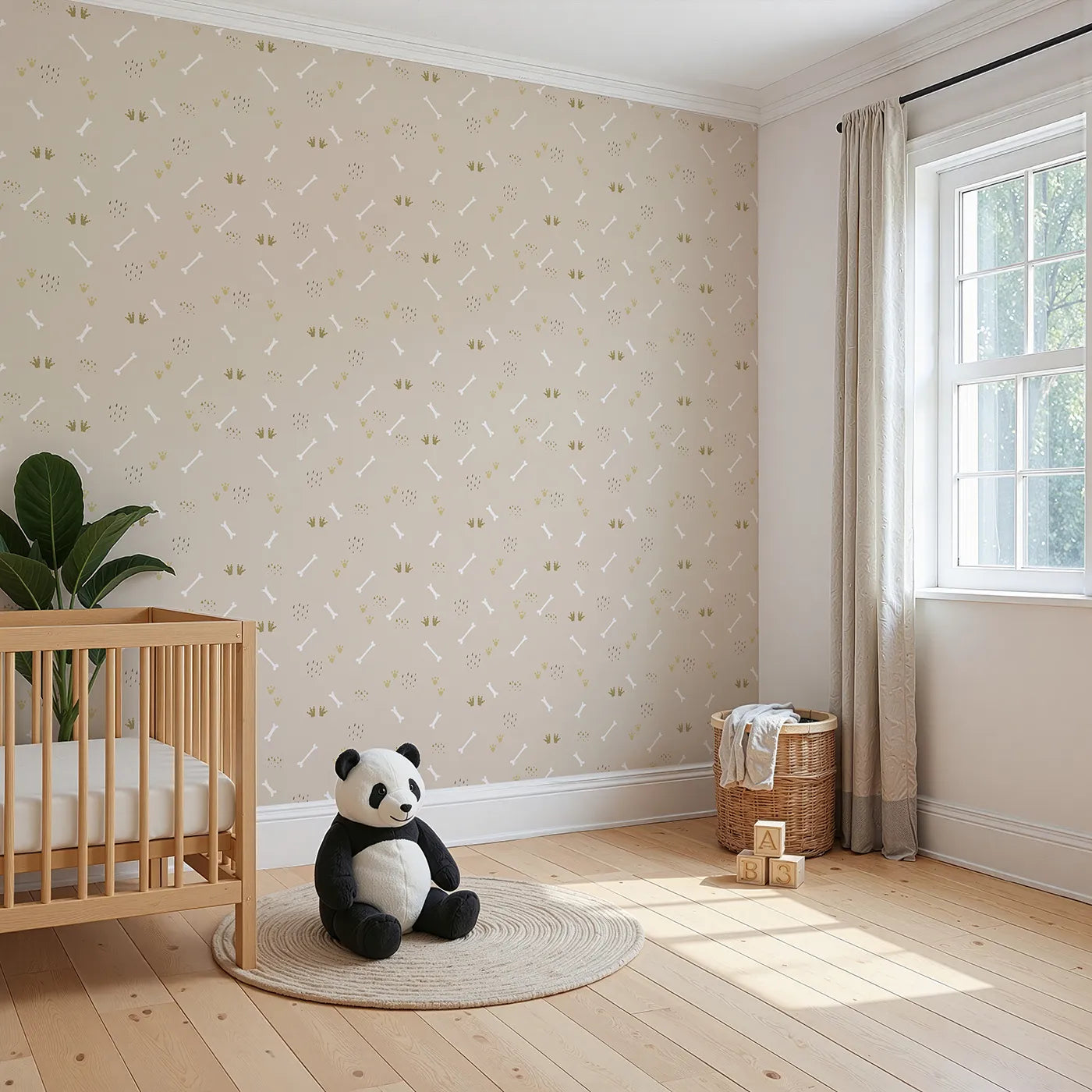 Angled view of Whimsy Tots' Dino Dig Basics Wallpaper in Pebble Taupe Beige (W3115C).Neutral bones and playful prints add dino charm without clutter.