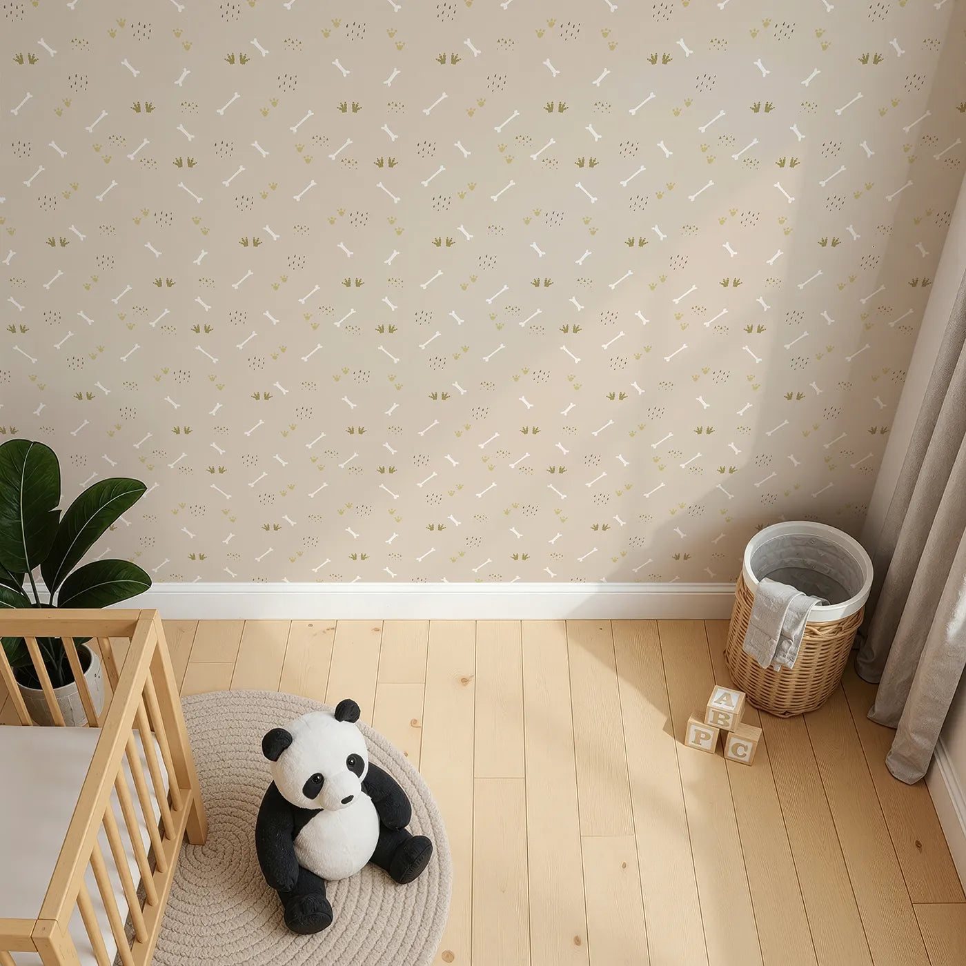 Top-Down view of Whimsy Tots' Dino Dig Basics Wallpaper in Pebble Taupe Beige (W3115C).Neutral bones and playful prints add dino charm without clutter.