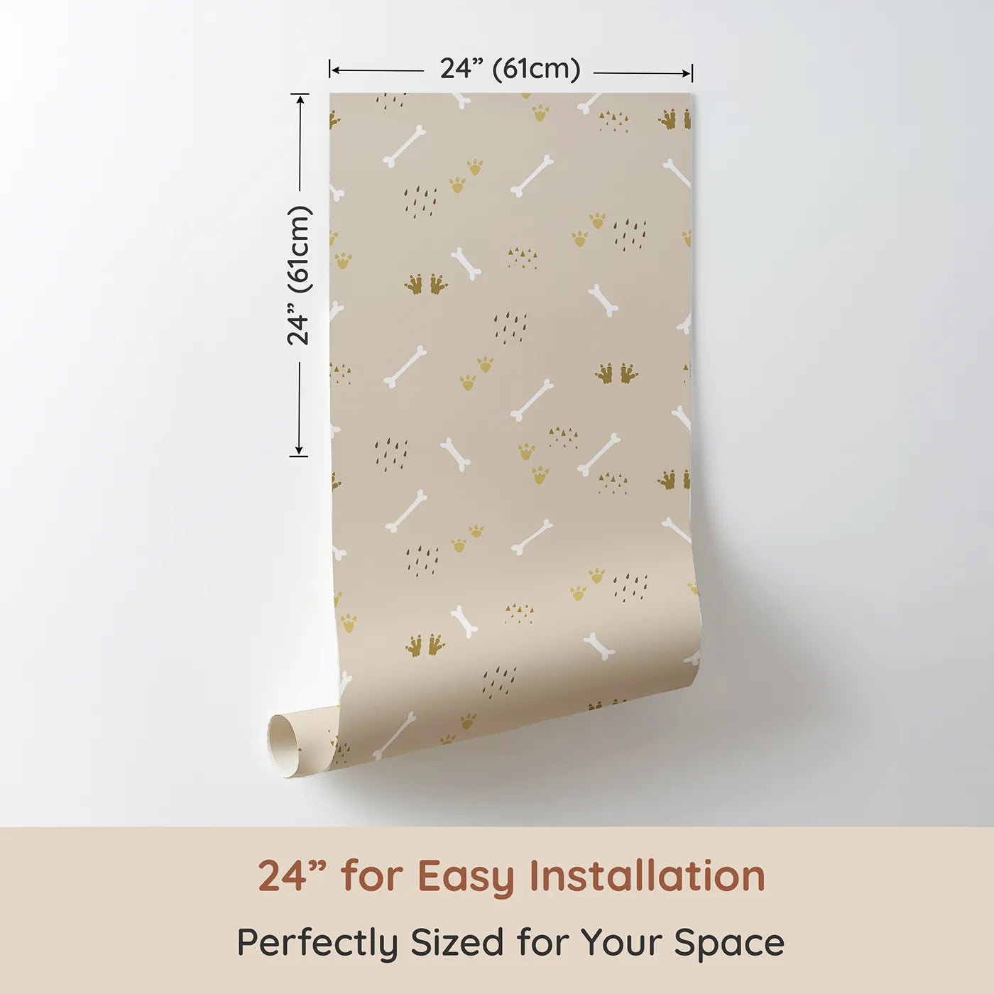 Dimension view of Whimsy Tots Dino Dig Basics Wallpaper in Pebble Taupe Beige (W3115C). Printed in 24-inch-wide panel for easy installation. Neutral bones and playful prints add dino charm without clutter.