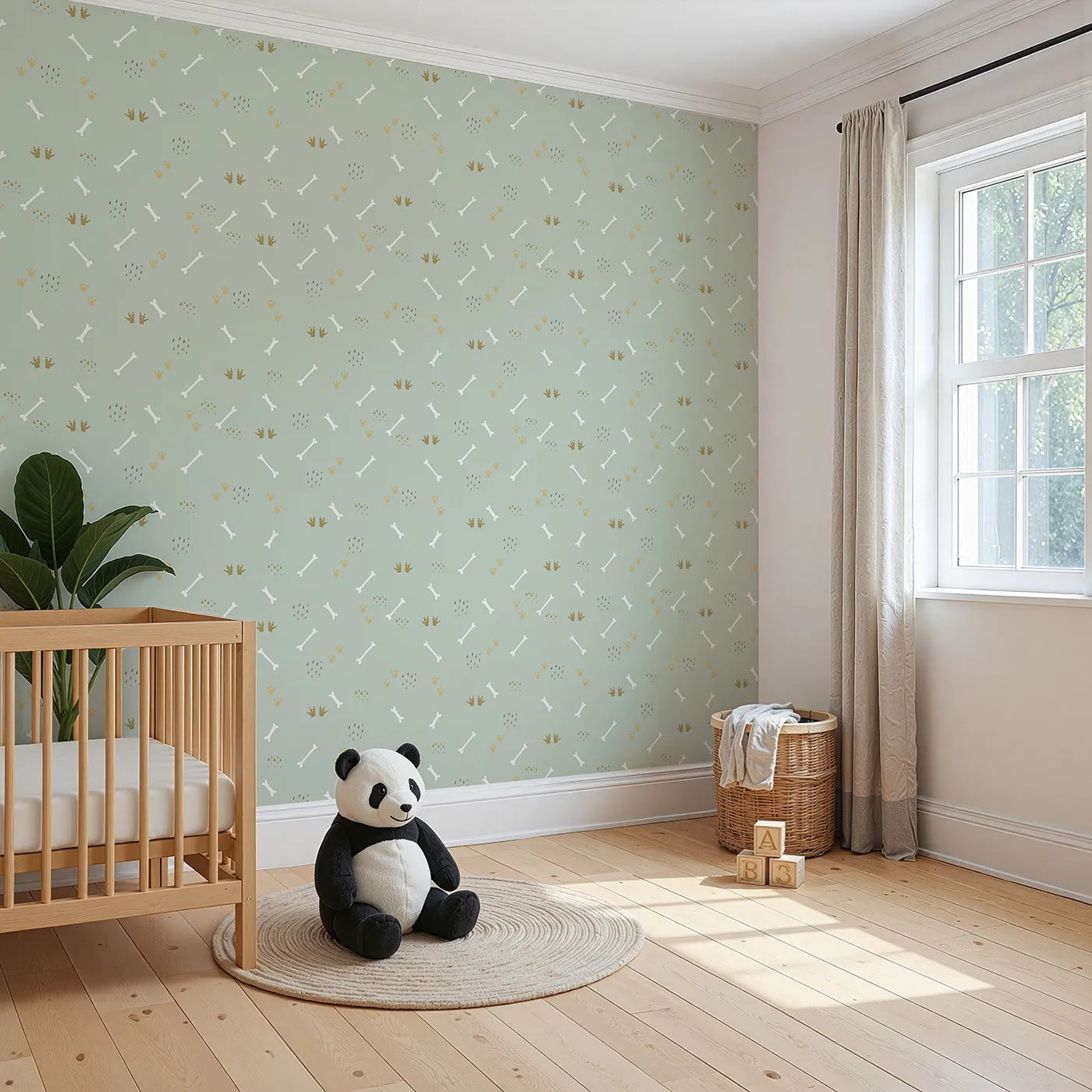 Angled view of Whimsy Tots' Dino Dig Basics Wallpaper in Sage Grove Green (W3115D).Soft sage greens meet ancient prints in this fossil-inspired repeat.