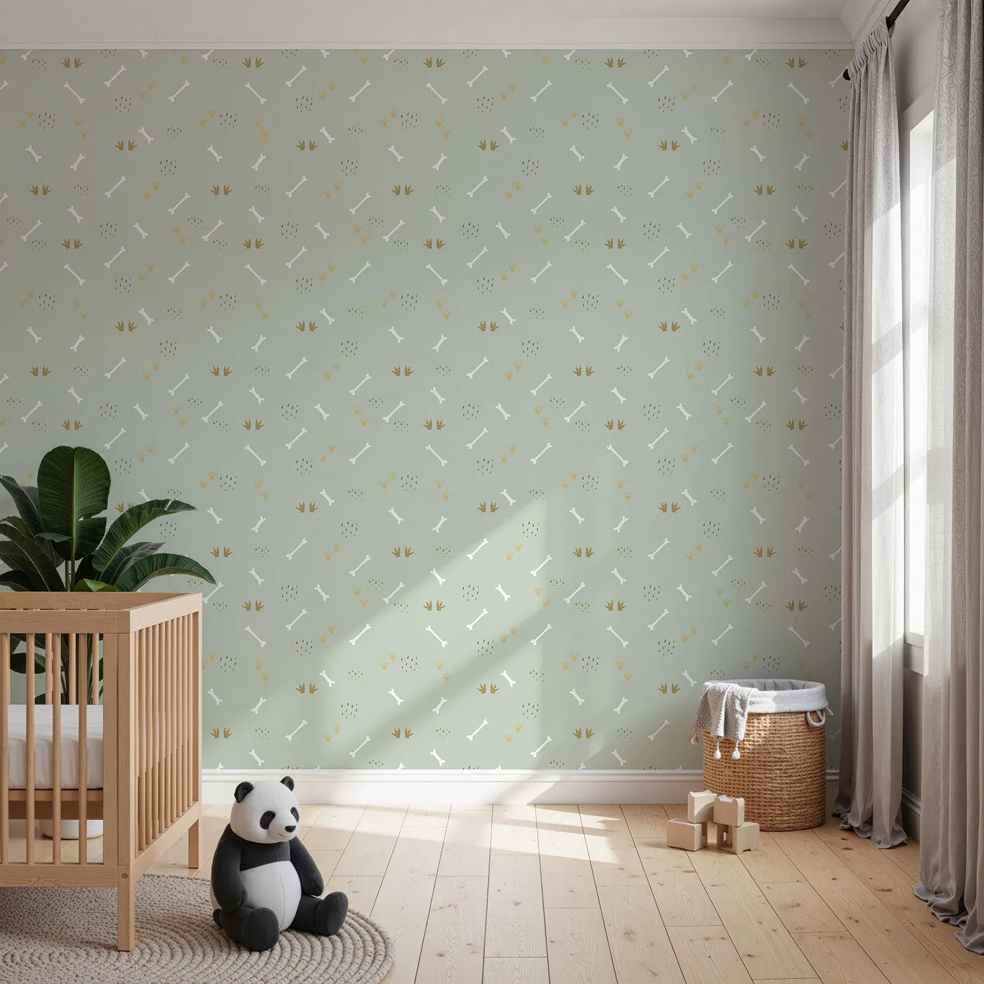 Front view of Whimsy Tots' Dino Dig Basics Wallpaper in Sage Grove Green