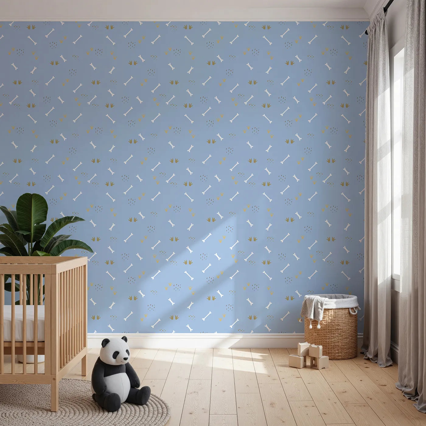 Front view of Whimsy Tots' Dino Dig Basics Wallpaper in Dusk Blue