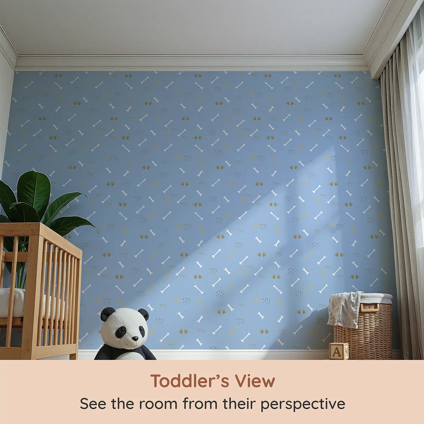 Whimsy Tots Dino Dig Basics Wallpaper in Dusk Blue (W3115E) from your child's view.Blue skies and white bones create a breezy dino stroll.