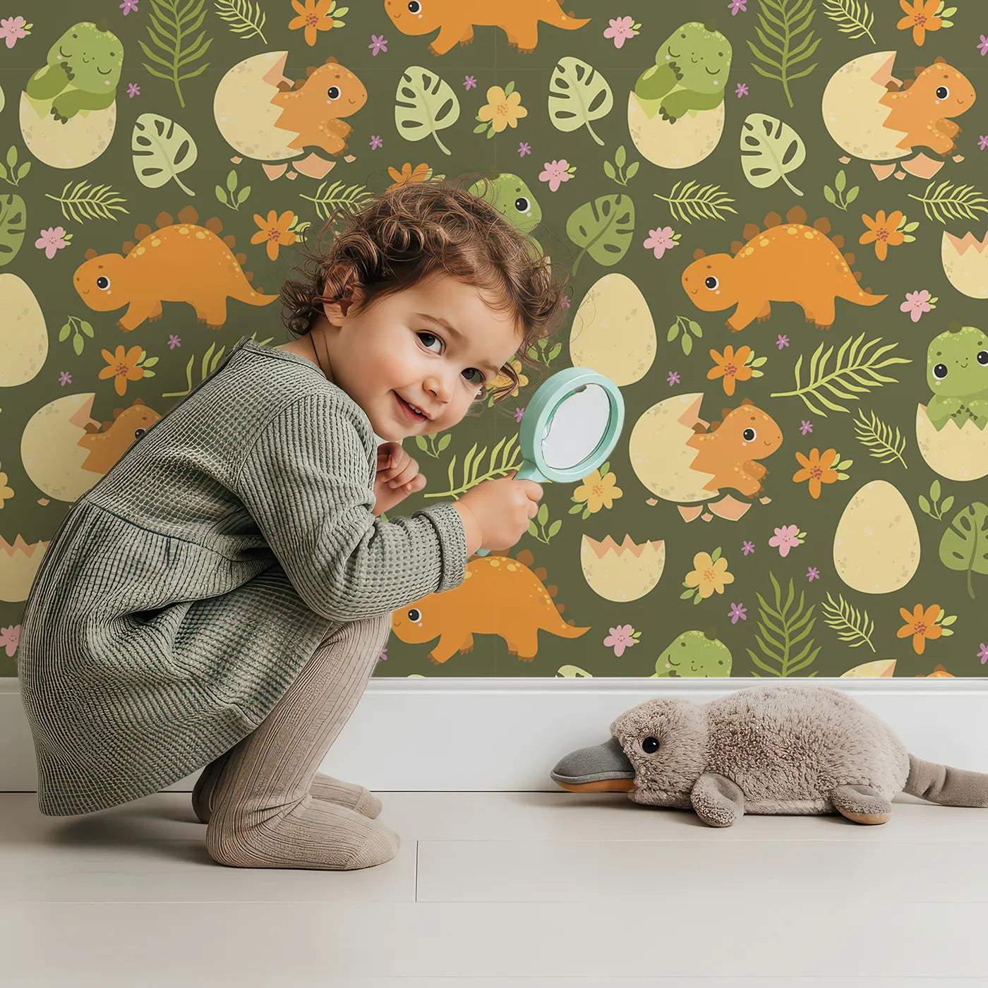 Lovely child standing in front of Whimsy Tots Hatchling Dino Garden Wallpaper in Olive Fern Green with dinosaur, egg, flower, leaf in design.