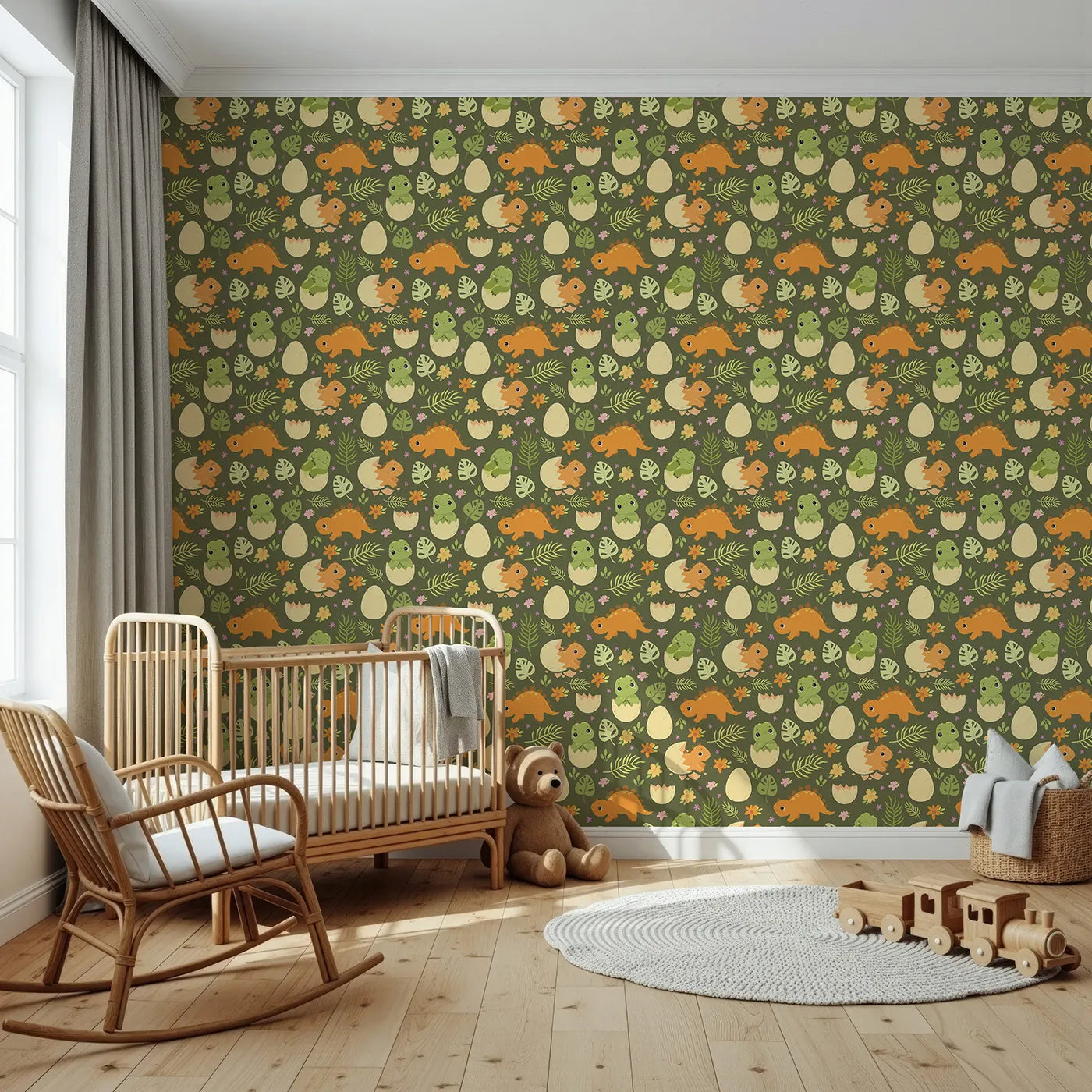 Front view of Whimsy Tots' Hatchling Dino Garden Wallpaper in Olive Fern Green