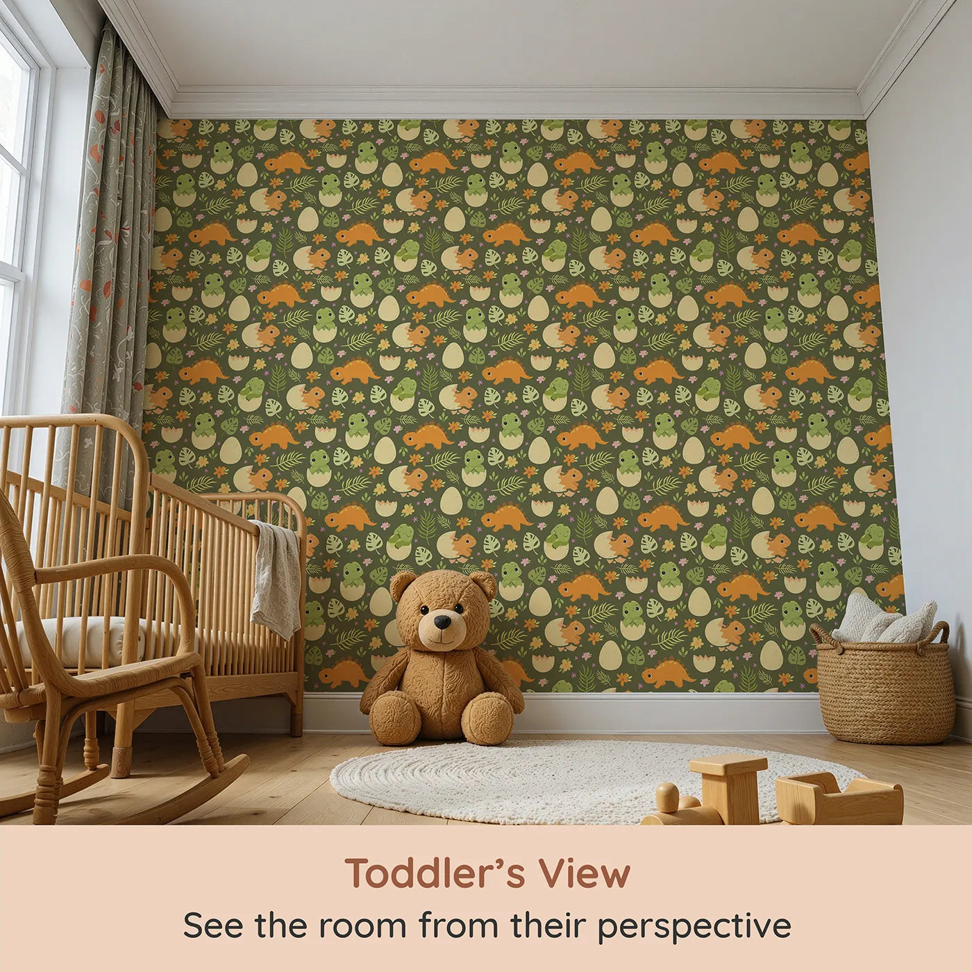 Whimsy Tots Hatchling Dino Garden Wallpaper in Olive Fern Green (W3116A) from your child's view.Smiling dino babies hatch among lush leaves and cheerful blooms.
