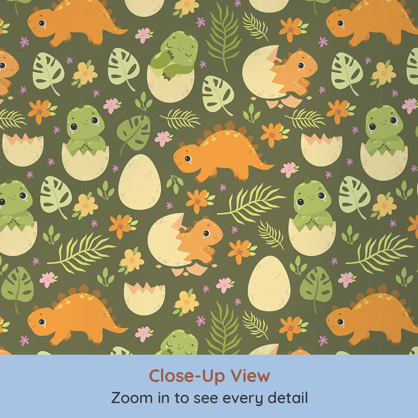 Close-up view of Whimsy Tots' Hatchling Dino Garden Wallpaper in Olive Fern Green (W3116A).Smiling dino babies hatch among lush leaves and cheerful blooms.