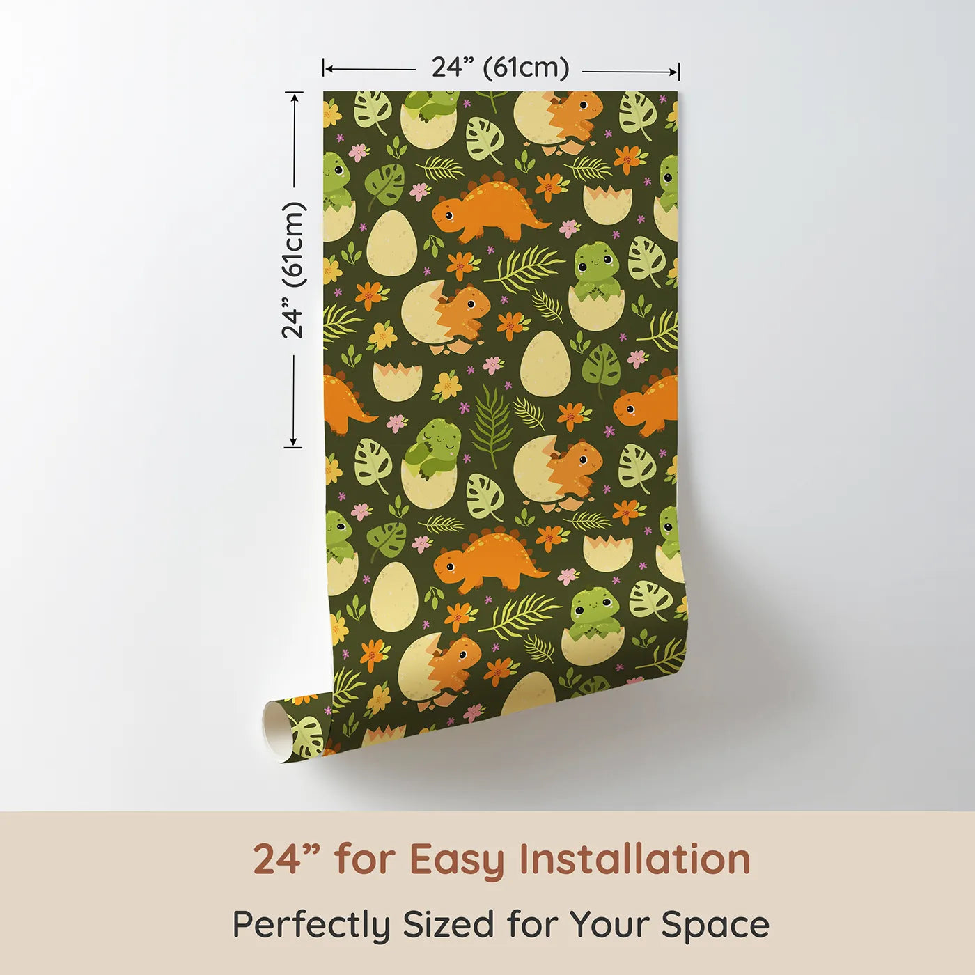 Dimension view of Whimsy Tots Hatchling Dino Garden Wallpaper in Olive Fern Green (W3116A). Printed in 24-inch-wide panel for easy installation. Smiling dino babies hatch among lush leaves and cheerful blooms.
