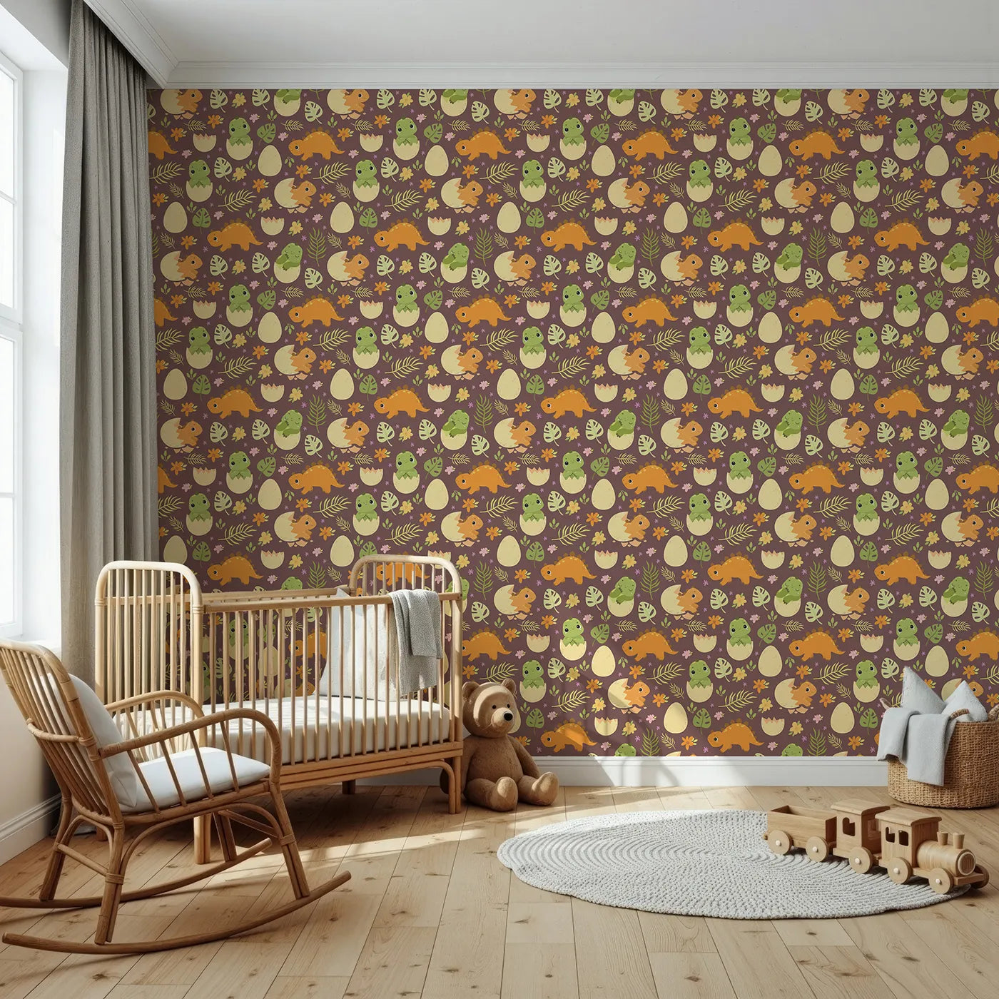Front view of Whimsy Tots' Hatchling Dino Garden Wallpaper in Berry Soil