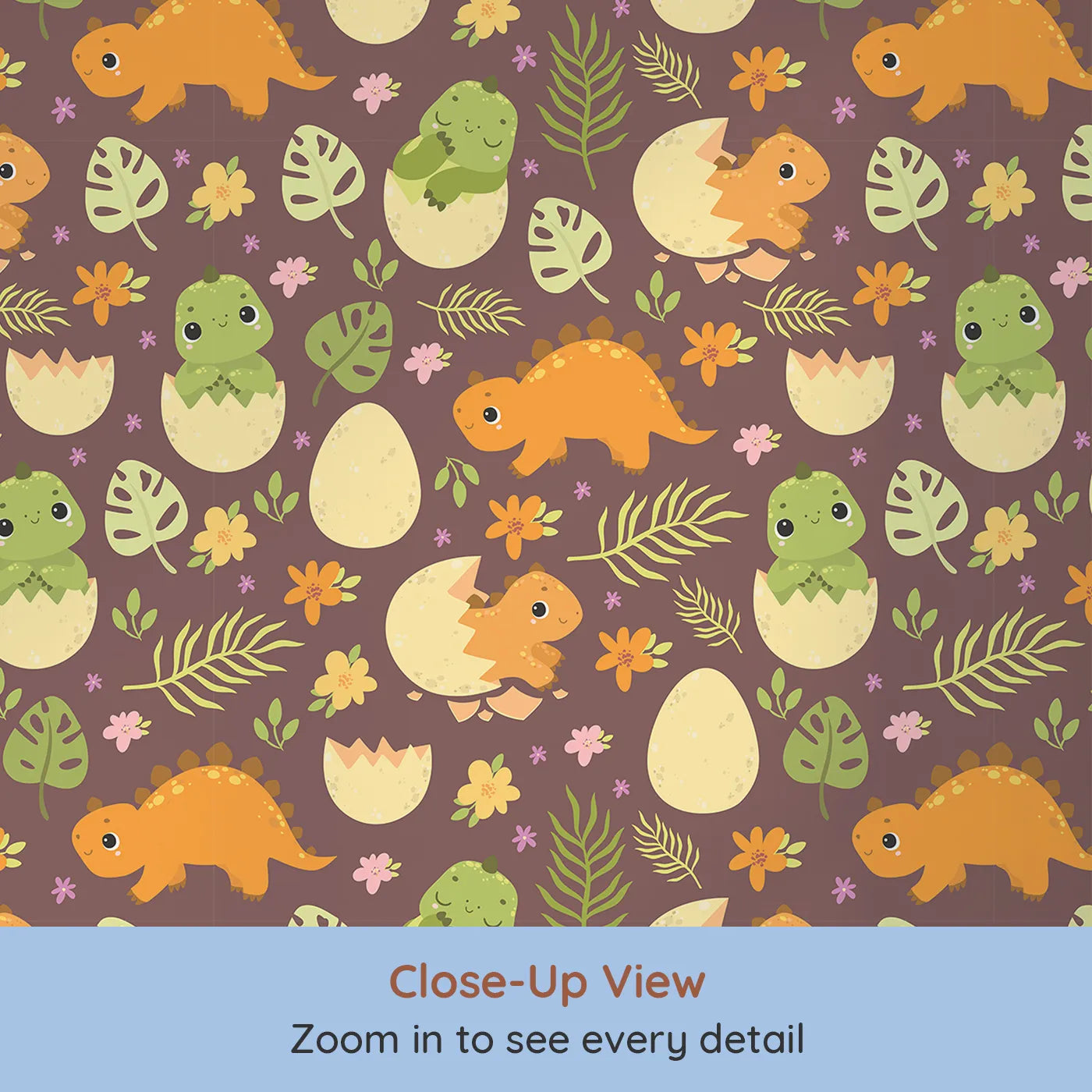 Close-up view of Whimsy Tots' Hatchling Dino Garden Wallpaper in Berry Soil (W3116B).Blossoms and baby dinos pop against warm plum soil.