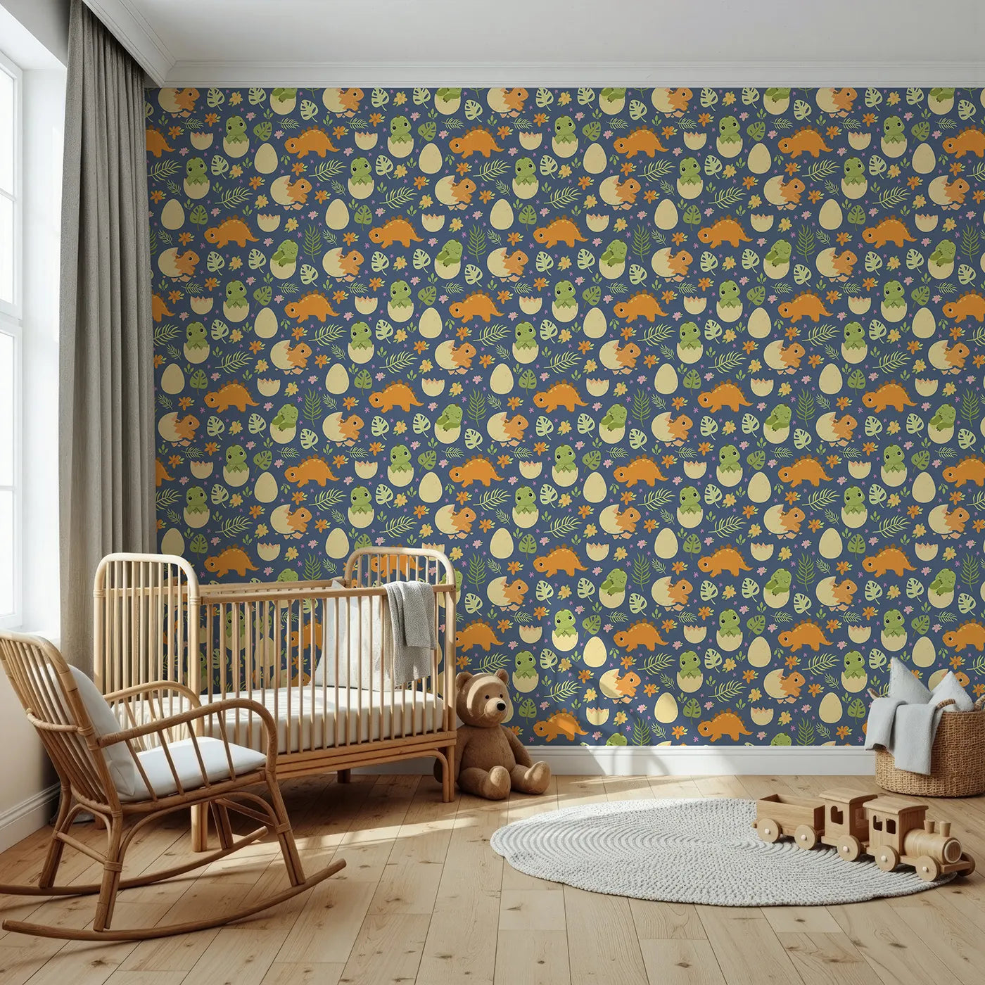 Front view of Whimsy Tots' Hatchling Dino Garden Wallpaper in Midnight Nest