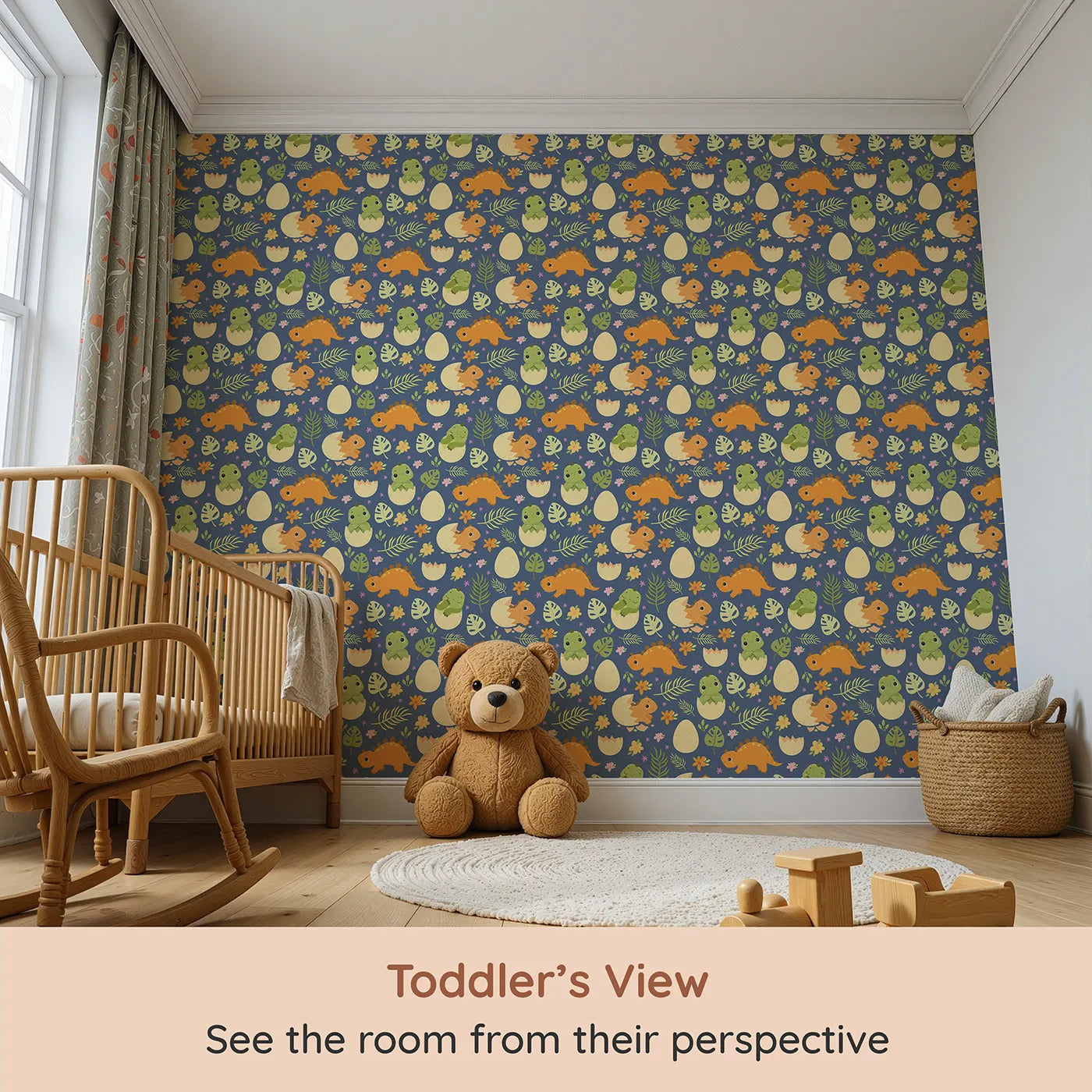 Whimsy Tots Hatchling Dino Garden Wallpaper in Midnight Nest (W3116C) from your child's view.Cheerful hatchlings and leafy blooms pop against deep twilight blue.