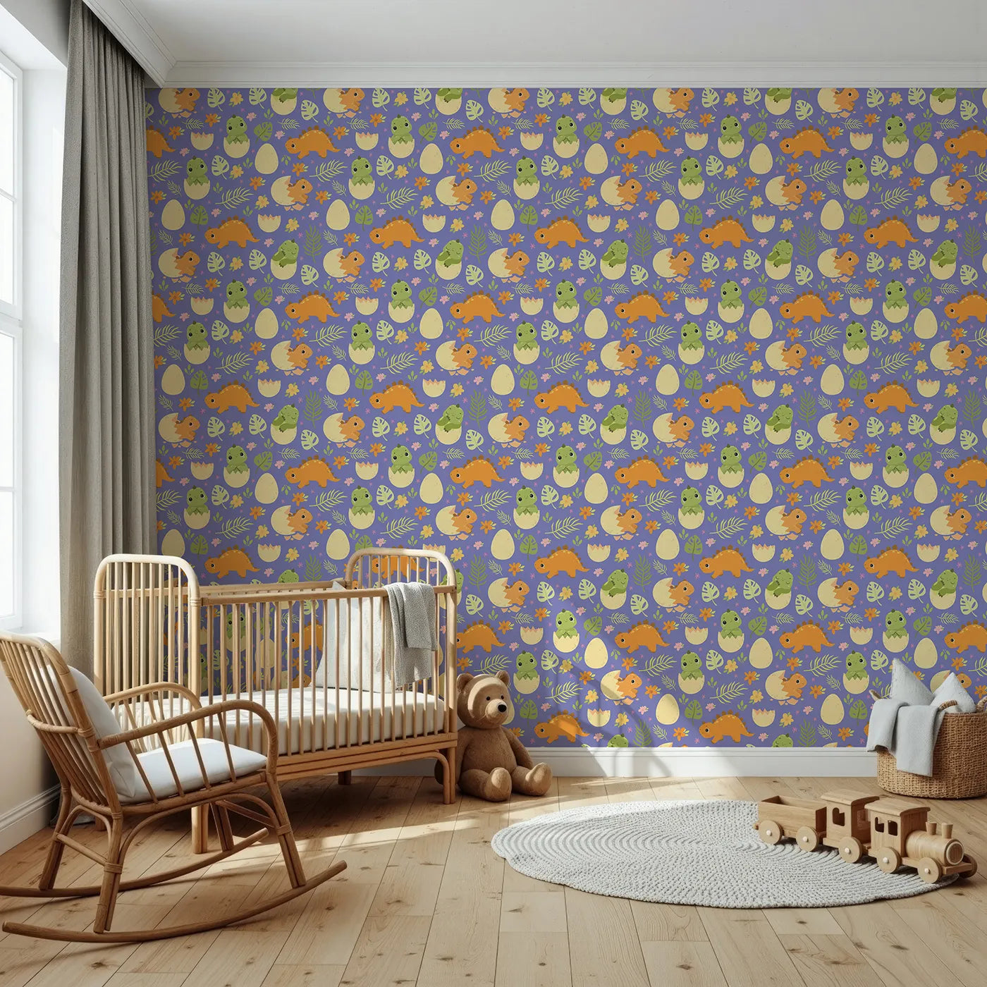 Front view of Whimsy Tots' Hatchling Dino Garden Wallpaper in Blossom Lilac Lavender