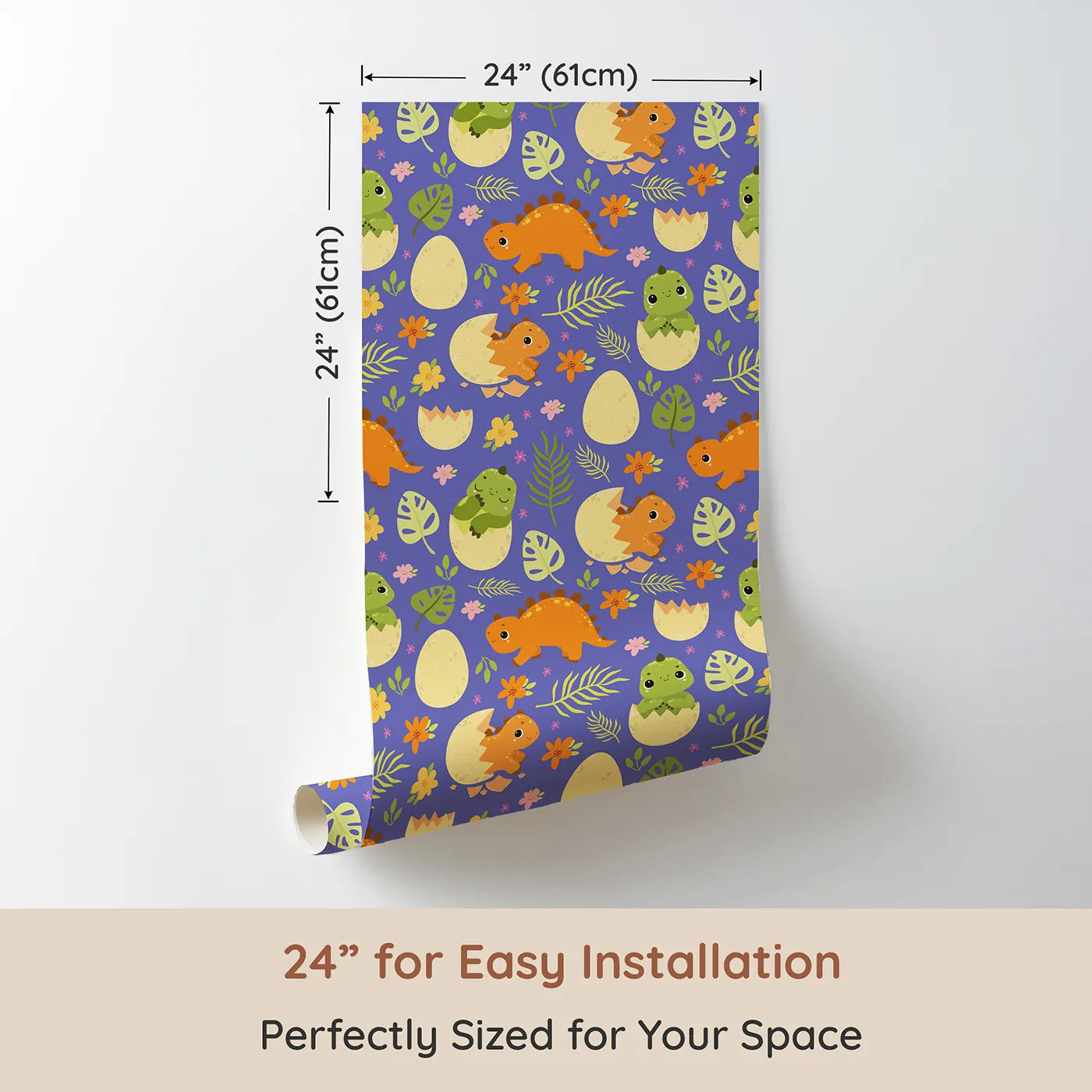 Dimension view of Whimsy Tots Hatchling Dino Garden Wallpaper in Blossom Lilac Lavender (W3116D). Printed in 24-inch-wide panel for easy installation. Dino babies and spring flowers bloom over a soft lilac sky.