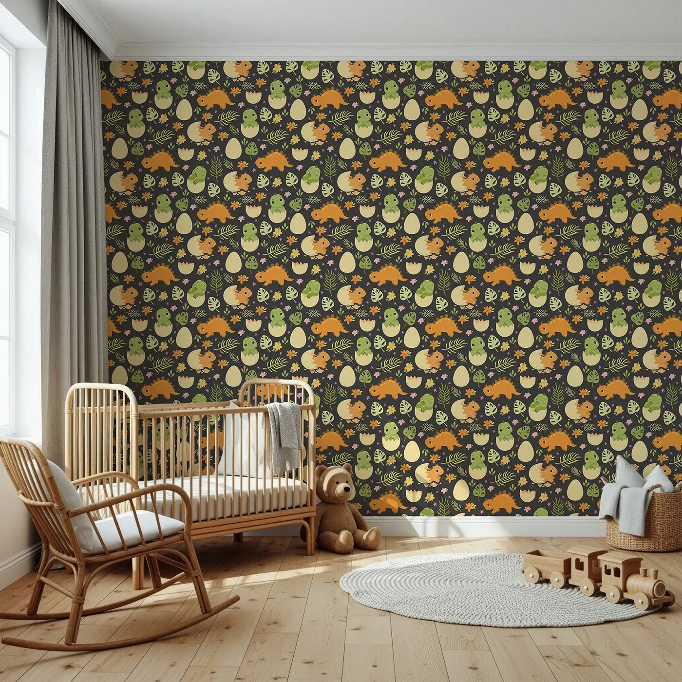 Front view of Whimsy Tots' Hatchling Dino Garden Wallpaper in Charcoal Nest Gray