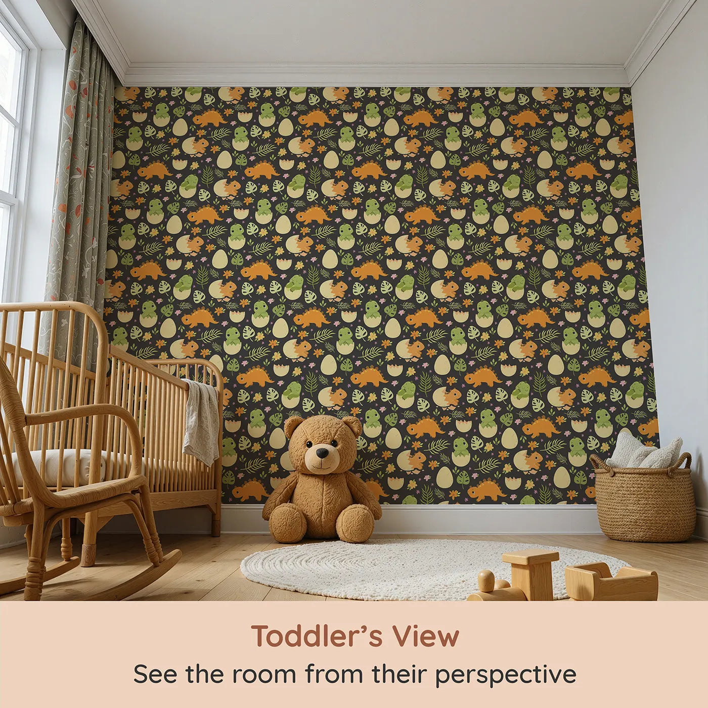 Whimsy Tots Hatchling Dino Garden Wallpaper in Charcoal Nest Gray (W3116E) from your child's view.Bright dino babies and florals shine against moody charcoal tones.
