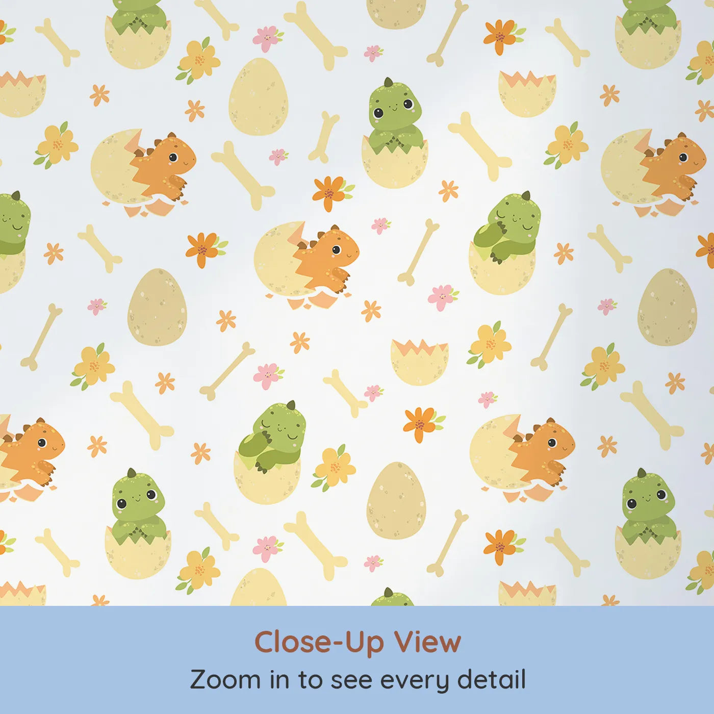Close-up view of Whimsy Tots' Hatchling Dino Parade Wallpaper in Soft Eggshell (W3117A).Cheerful dinos and gentle bones dance across a bright eggshell white.