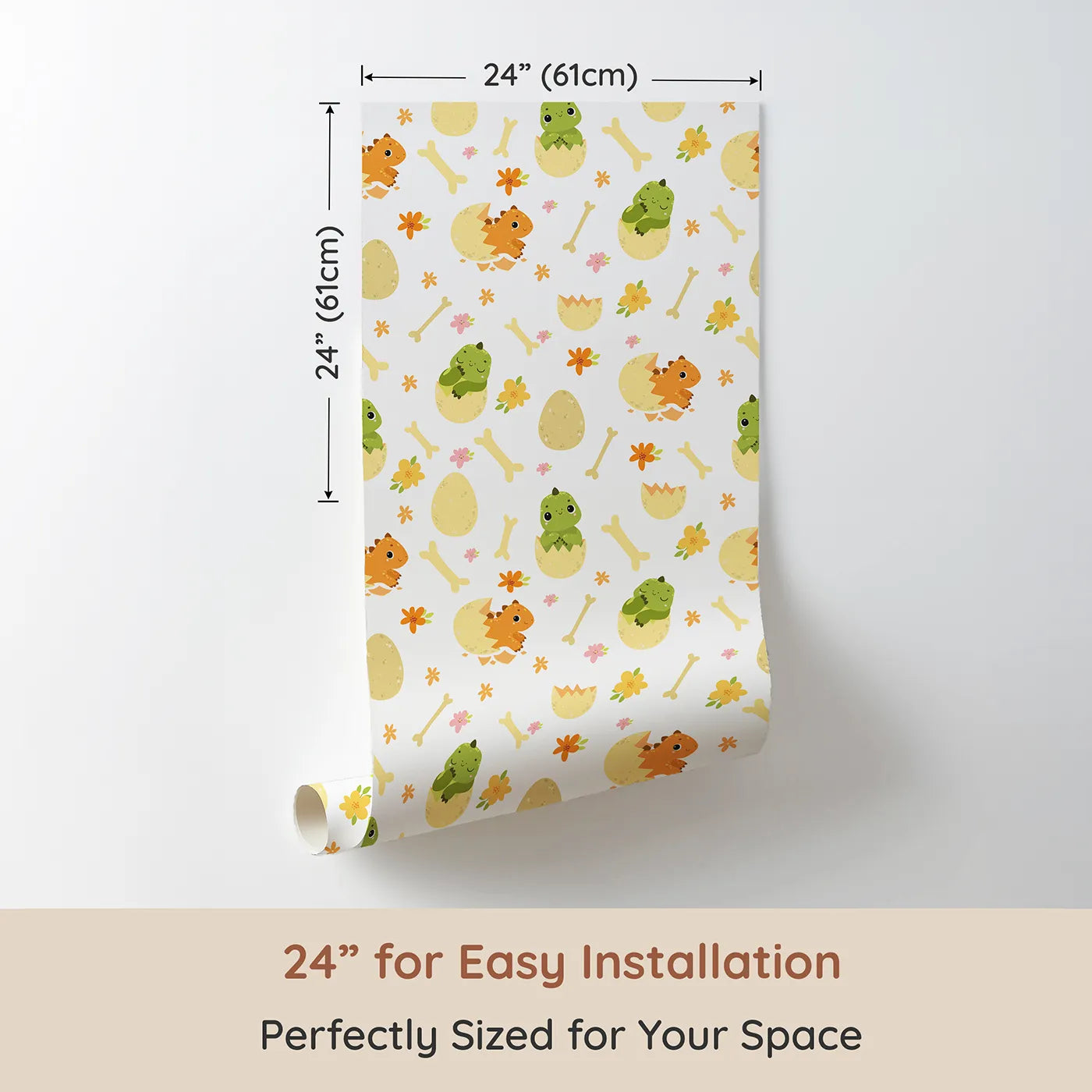 Dimension view of Whimsy Tots Hatchling Dino Parade Wallpaper in Soft Eggshell (W3117A). Printed in 24-inch-wide panel for easy installation. Cheerful dinos and gentle bones dance across a bright eggshell white.
