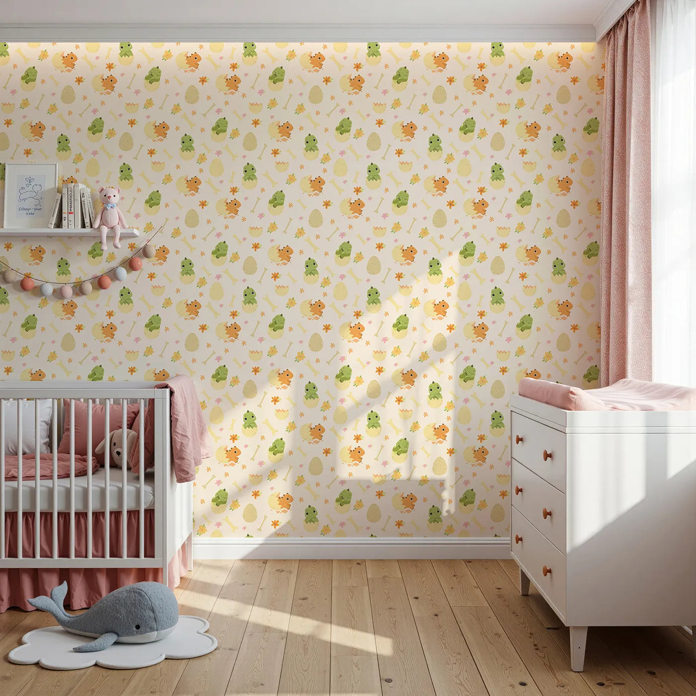 Front view of Whimsy Tots' Hatchling Dino Parade Wallpaper in Dappled Beige