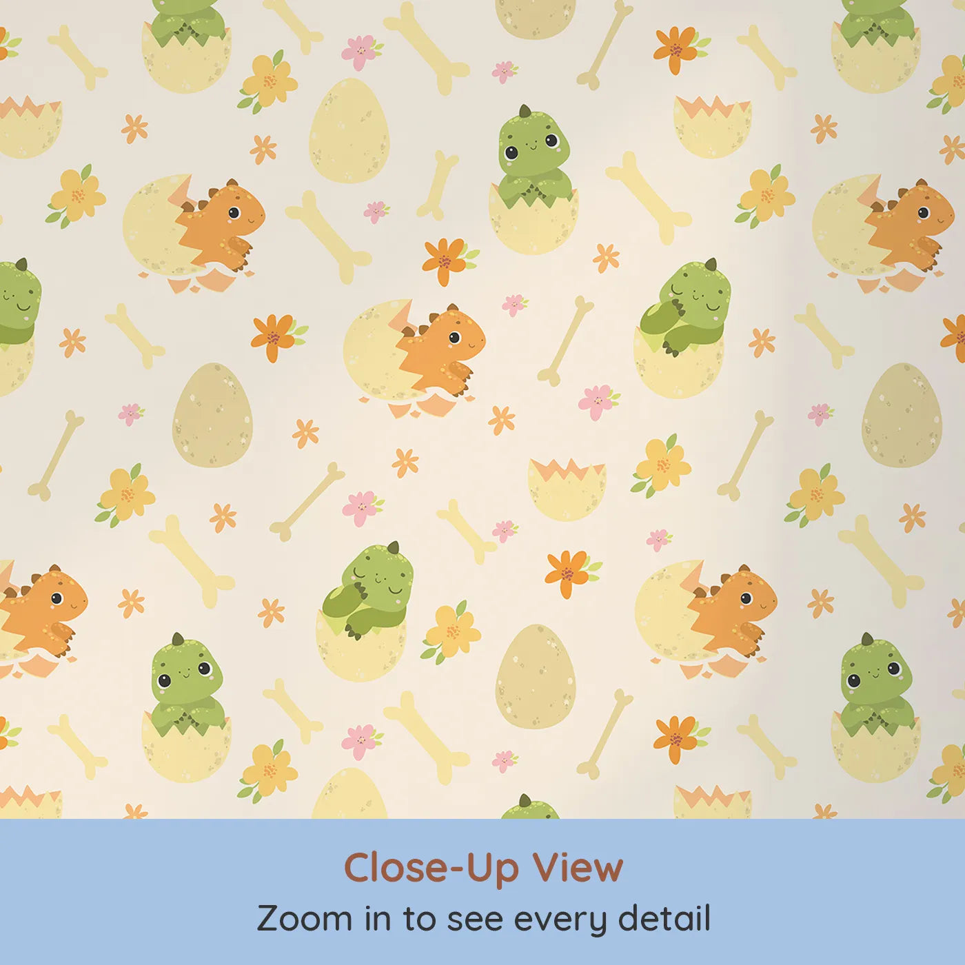 Close-up view of Whimsy Tots' Hatchling Dino Parade Wallpaper in Dappled Beige (W3117B).Sunny hatchlings and gentle bones brighten soft beige walls.
