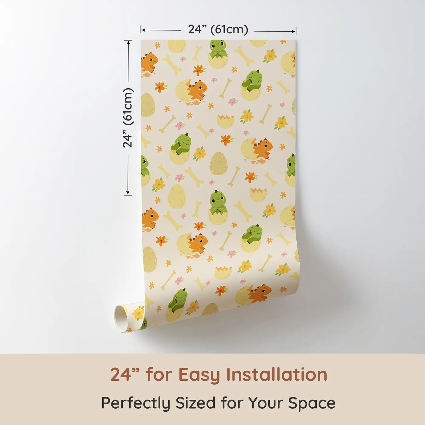 Dimension view of Whimsy Tots Hatchling Dino Parade Wallpaper in Dappled Beige (W3117B). Printed in 24-inch-wide panel for easy installation. Sunny hatchlings and gentle bones brighten soft beige walls.