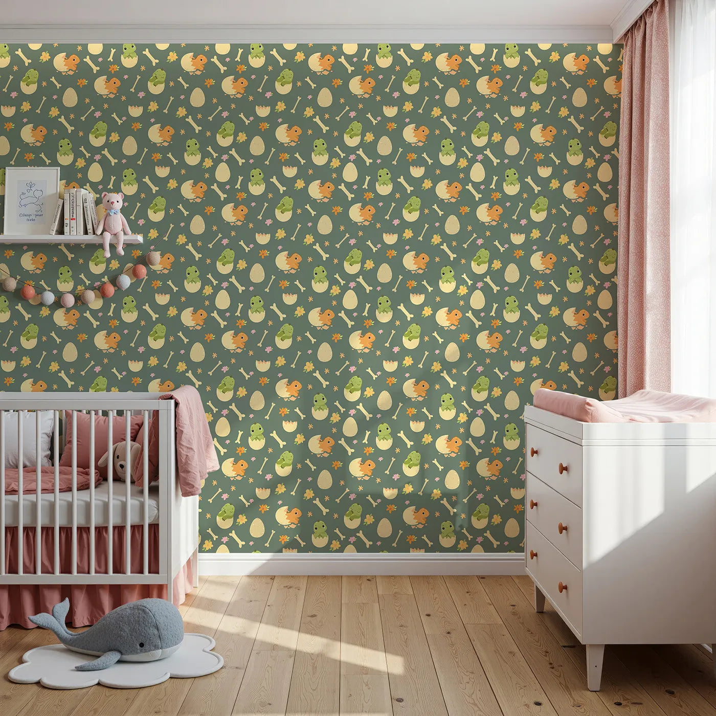 Front view of Whimsy Tots' Hatchling Dino Parade Wallpaper in Olive Grove Green