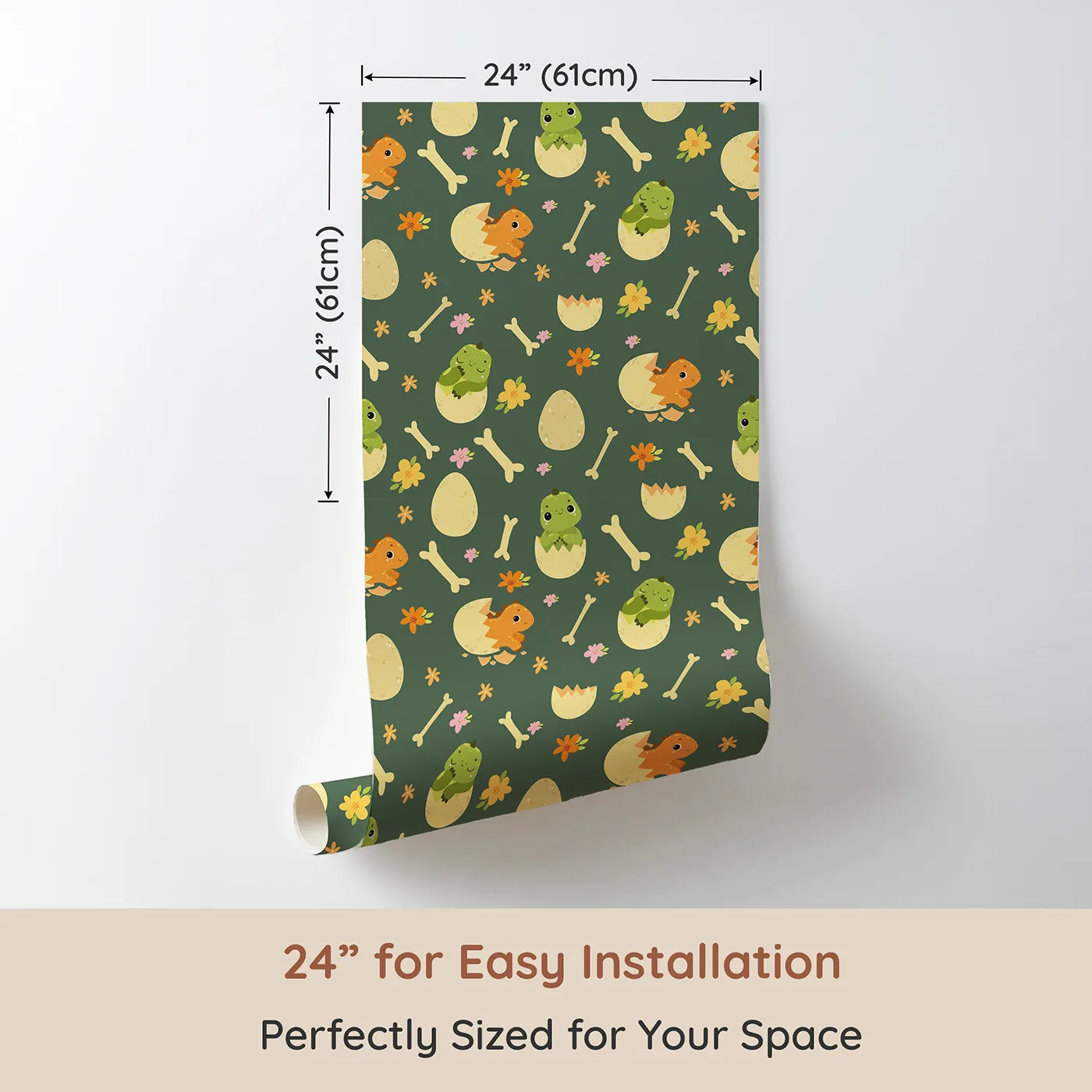 Dimension view of Whimsy Tots Hatchling Dino Parade Wallpaper in Olive Grove Green (W3117C). Printed in 24-inch-wide panel for easy installation. Baby dinos, bones, and blooms play across a deep forest green.