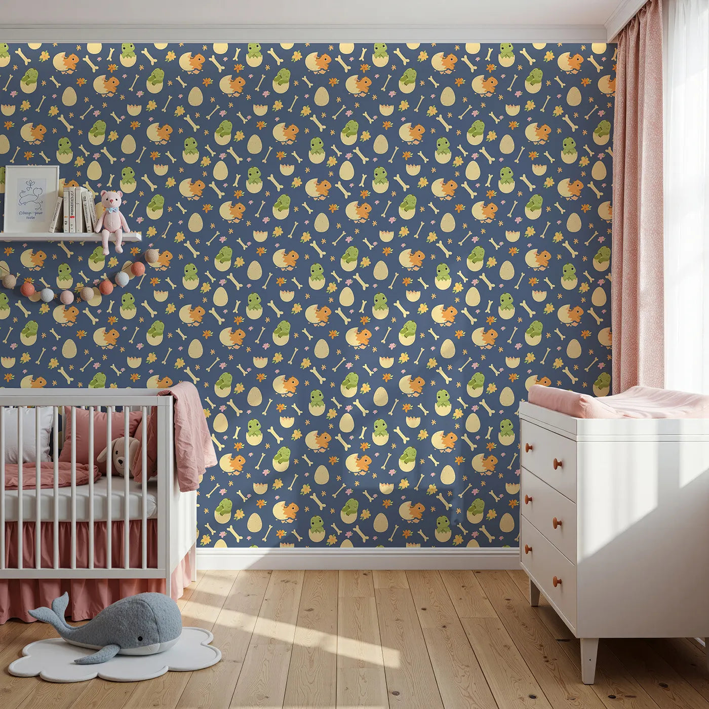 Front view of Whimsy Tots' Hatchling Dino Parade Wallpaper in Dusty Denim