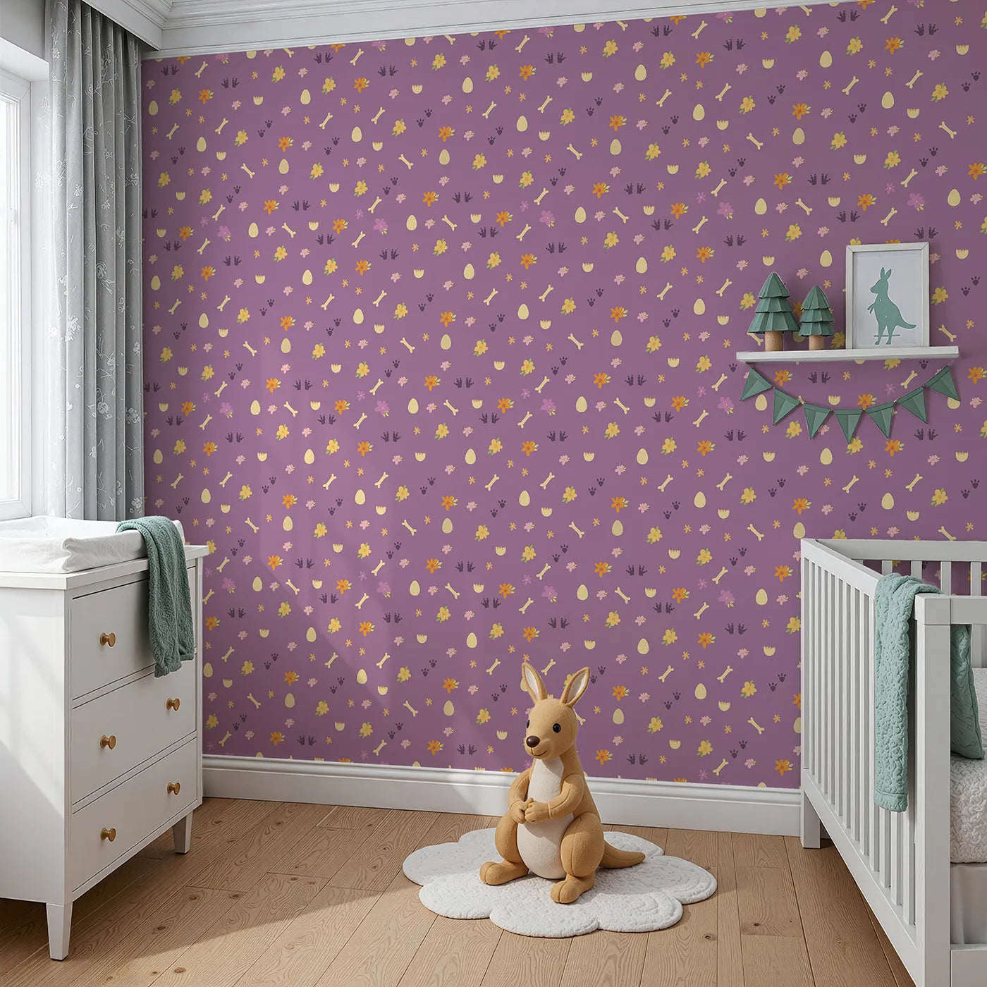 Angled view of Whimsy Tots' Dino Hatch Trail Wallpaper in Berry Bloom (W3118A).Scattered bones and dino prints tell a berry-colored story.