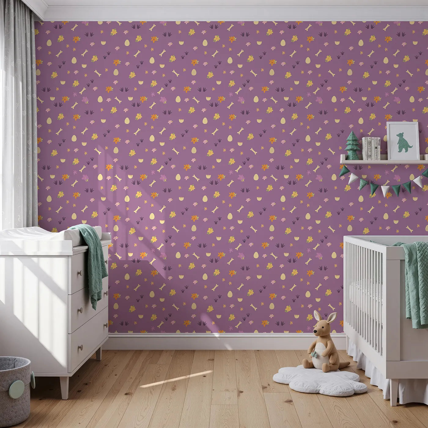 Front view of Whimsy Tots' Dino Hatch Trail Wallpaper in Berry Bloom