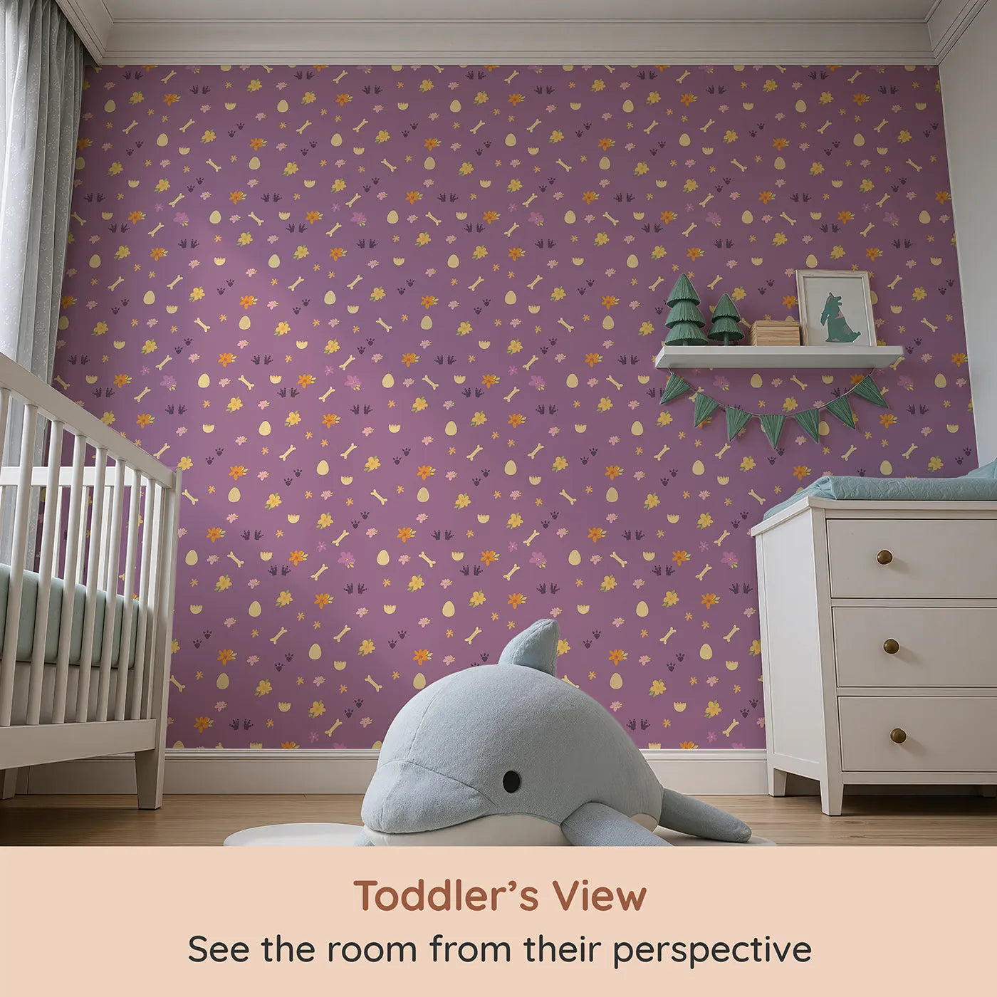 Whimsy Tots Dino Hatch Trail Wallpaper in Berry Bloom (W3118A) from your child's view.Scattered bones and dino prints tell a berry-colored story.