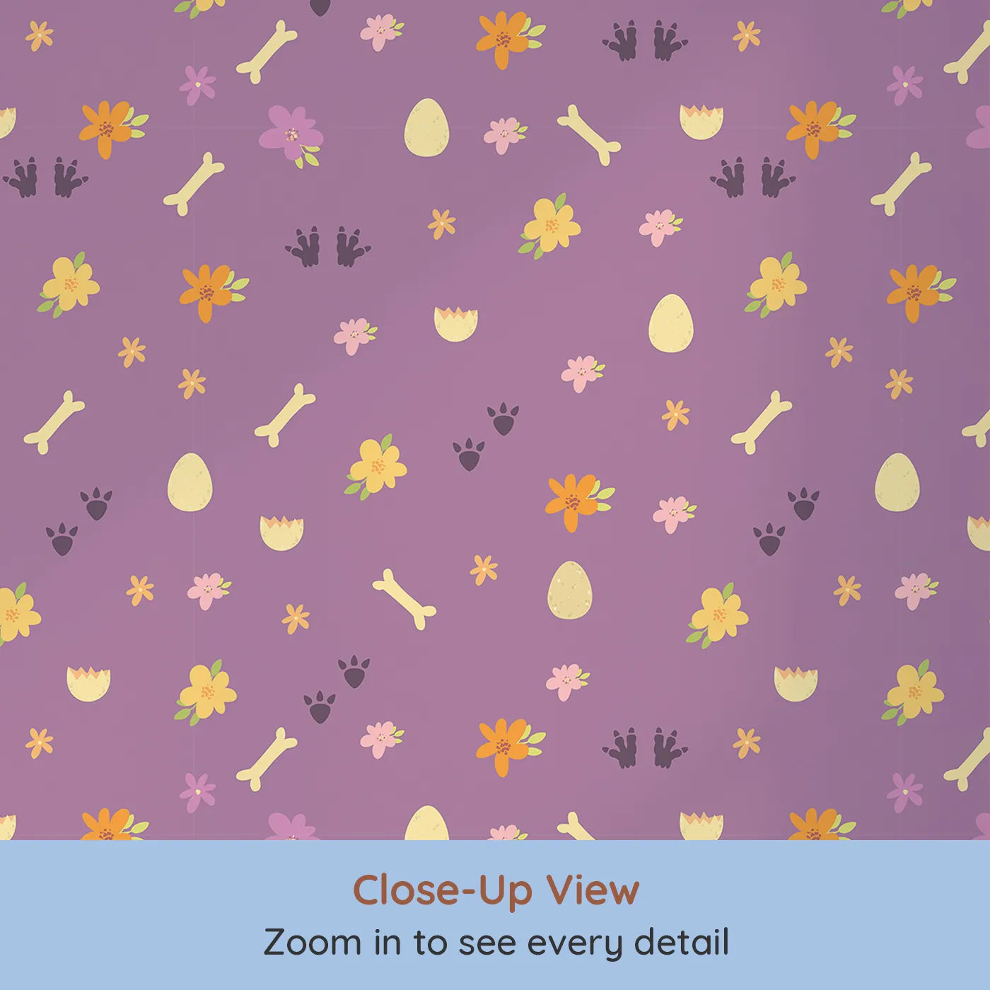 Close-up view of Whimsy Tots' Dino Hatch Trail Wallpaper in Berry Bloom (W3118A).Scattered bones and dino prints tell a berry-colored story.