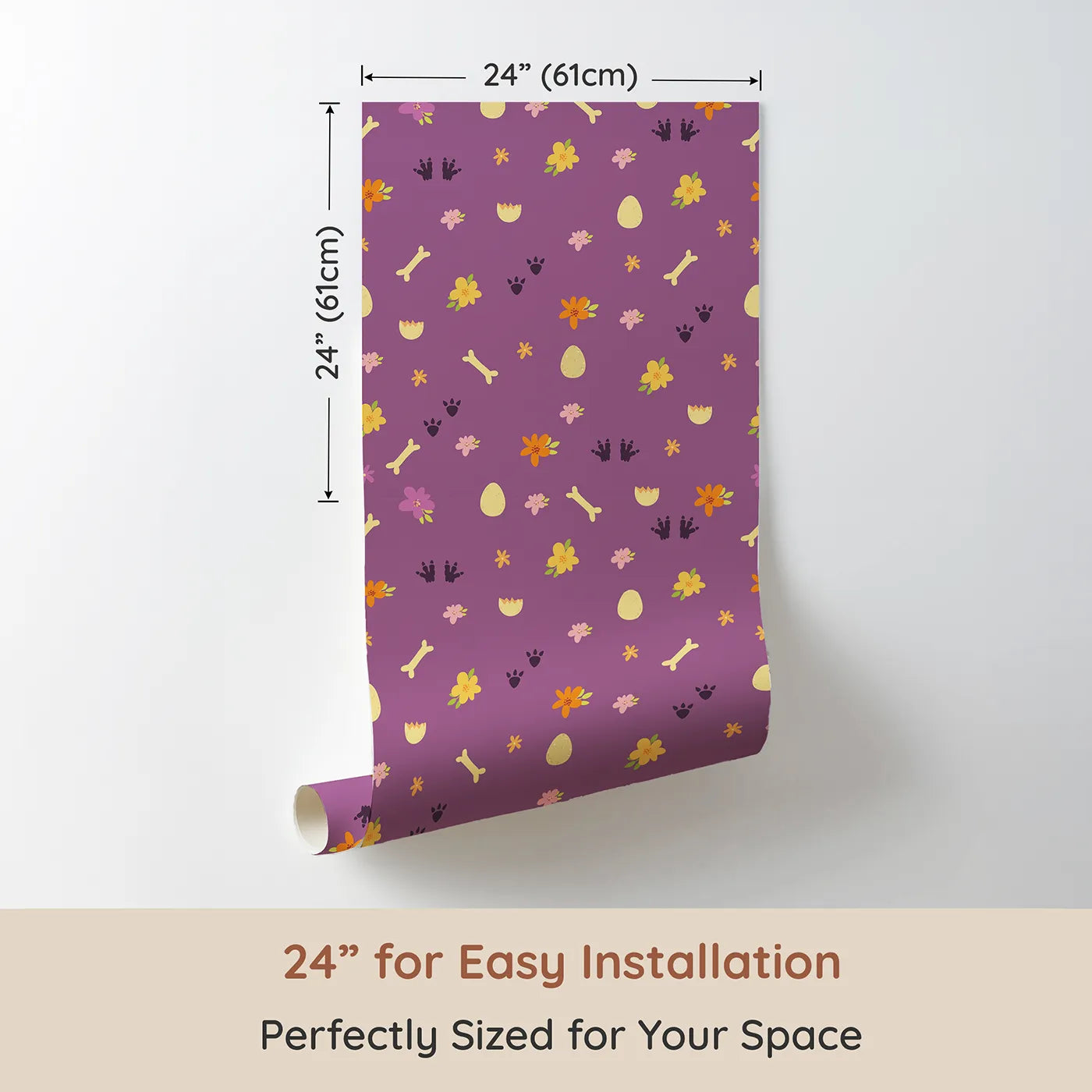 Dimension view of Whimsy Tots Dino Hatch Trail Wallpaper in Berry Bloom (W3118A). Printed in 24-inch-wide panel for easy installation. Scattered bones and dino prints tell a berry-colored story.