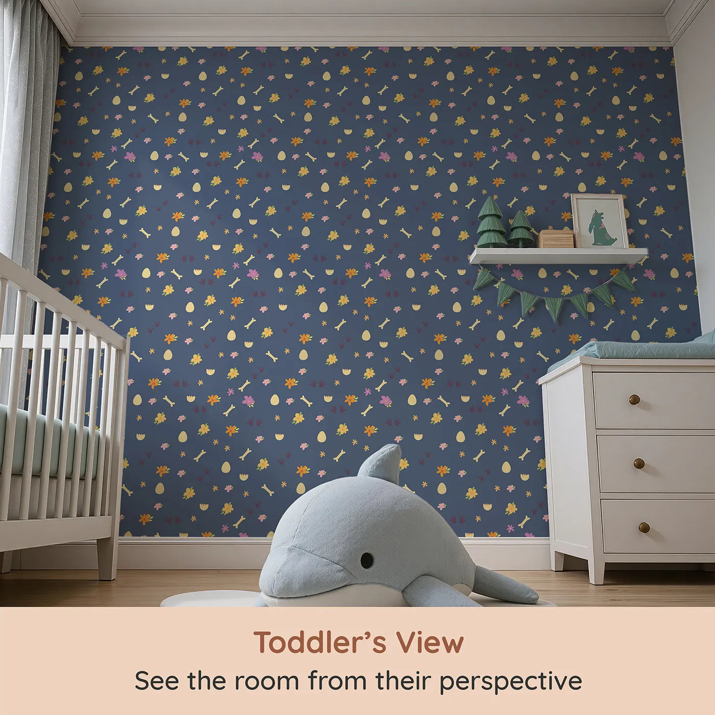 Whimsy Tots Dino Hatch Trail Wallpaper in Dusty Denim (W3118B) from your child's view.Tiny tracks and bones wander across a denim blue field of dreams.
