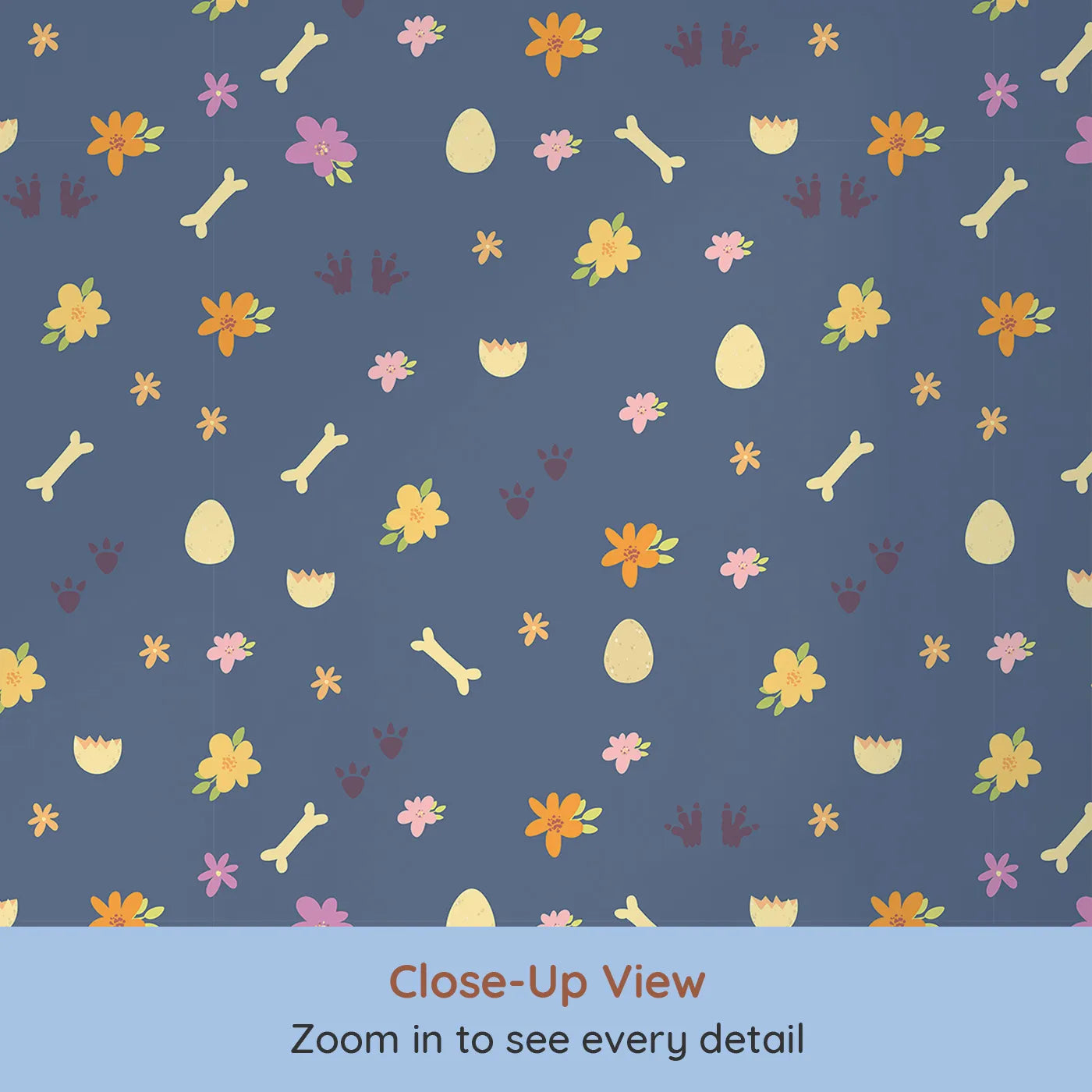 Close-up view of Whimsy Tots' Dino Hatch Trail Wallpaper in Dusty Denim (W3118B).Tiny tracks and bones wander across a denim blue field of dreams.
