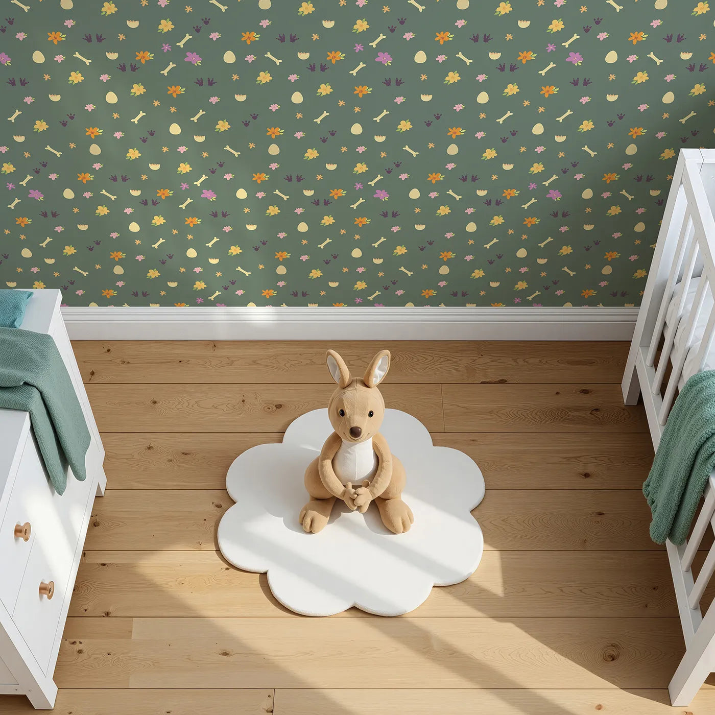 Top-Down view of Whimsy Tots' Dino Hatch Trail Wallpaper in Forest Fern Green (W3118C).Dino tracks and garden treasures hide across a soft green path.