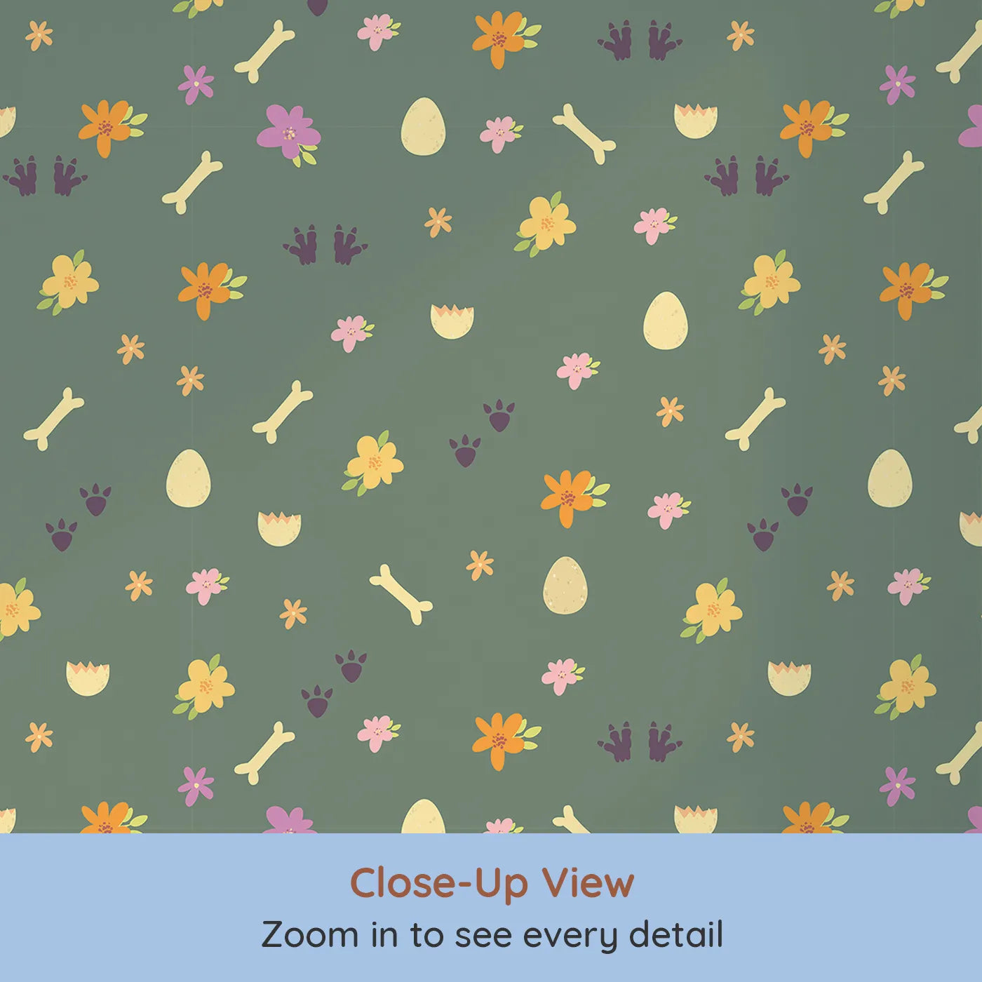 Close-up view of Whimsy Tots' Dino Hatch Trail Wallpaper in Forest Fern Green (W3118C).Dino tracks and garden treasures hide across a soft green path.