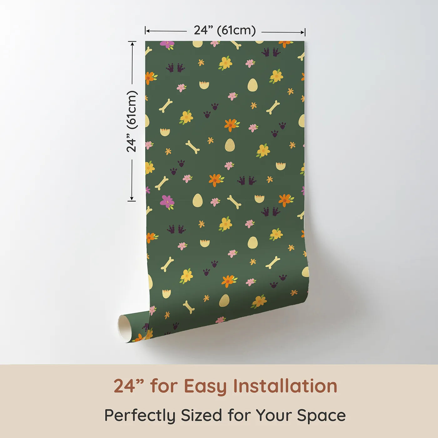 Dimension view of Whimsy Tots Dino Hatch Trail Wallpaper in Forest Fern Green (W3118C). Printed in 24-inch-wide panel for easy installation. Dino tracks and garden treasures hide across a soft green path.