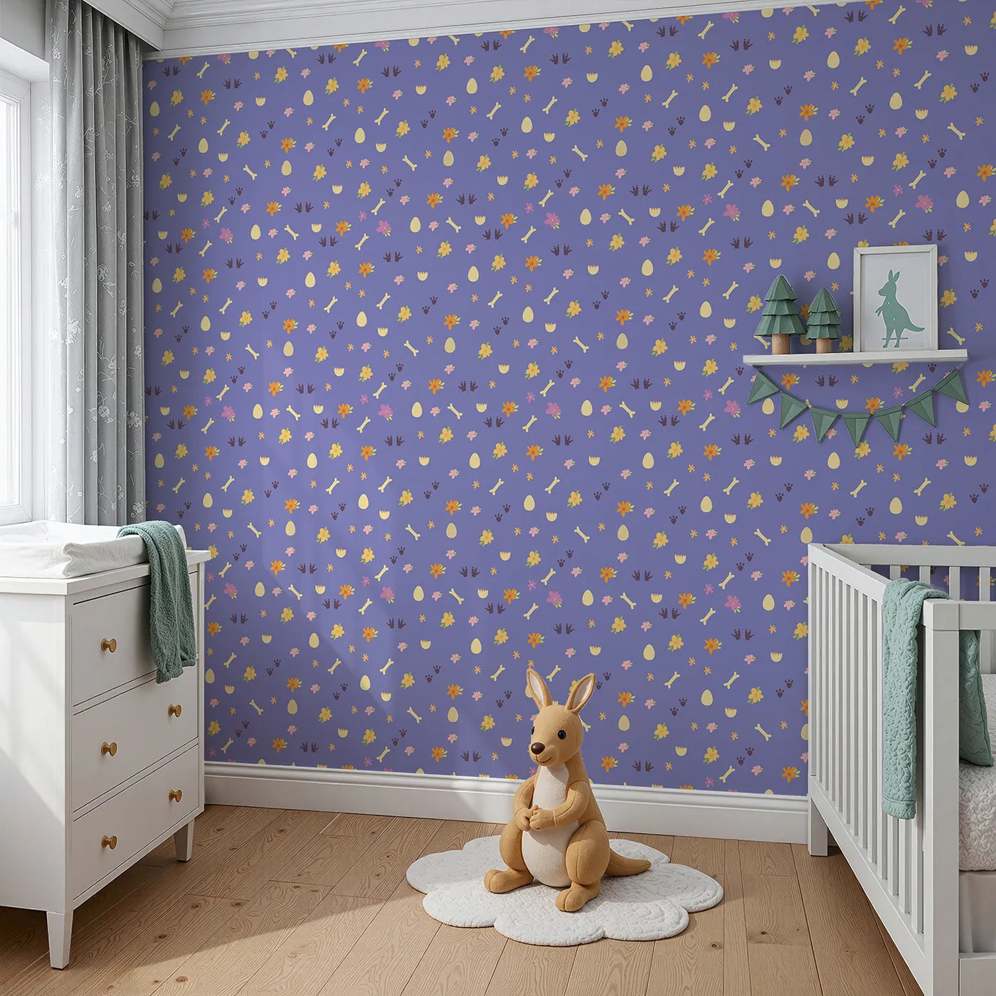 Angled view of Whimsy Tots' Dino Hatch Trail Wallpaper in Lilac Sky Lavender (W3118D).Pastel paw prints and bones bloom across a lilac field.