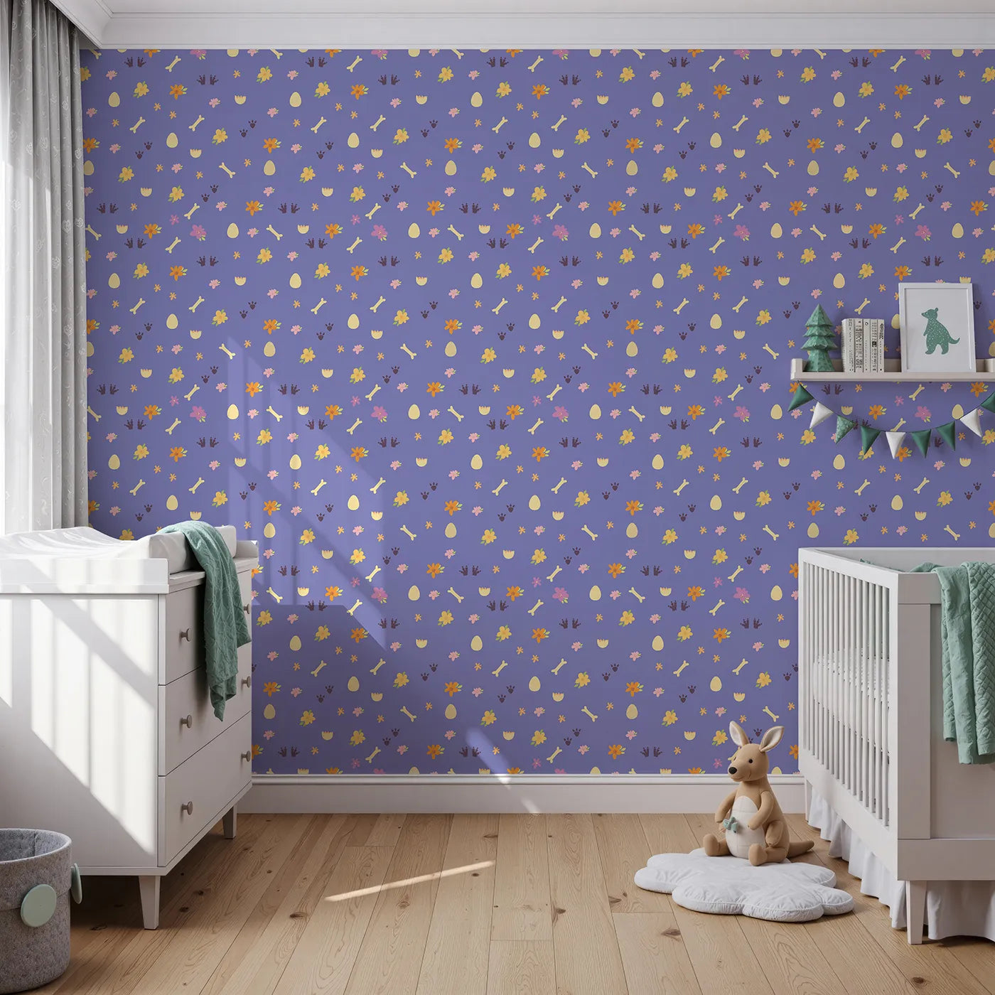 Front view of Whimsy Tots' Dino Hatch Trail Wallpaper in Lilac Sky Lavender