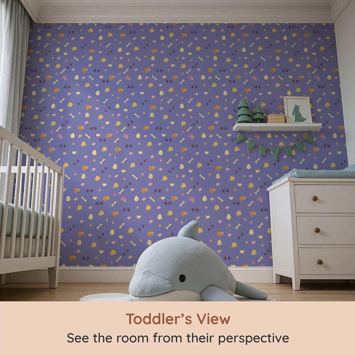 Whimsy Tots Dino Hatch Trail Wallpaper in Lilac Sky Lavender (W3118D) from your child's view.Pastel paw prints and bones bloom across a lilac field.