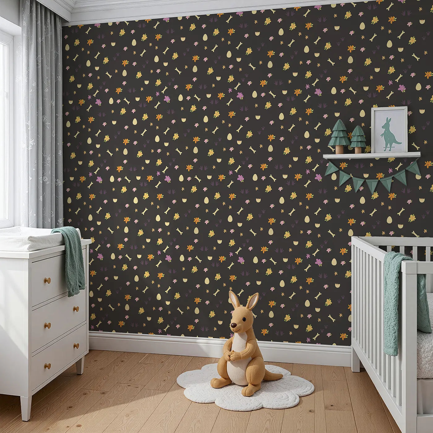 Angled view of Whimsy Tots' Dino Hatch Trail Wallpaper in Midnight Soil (W3118E).Bright prints and petals shine on deep black earth.