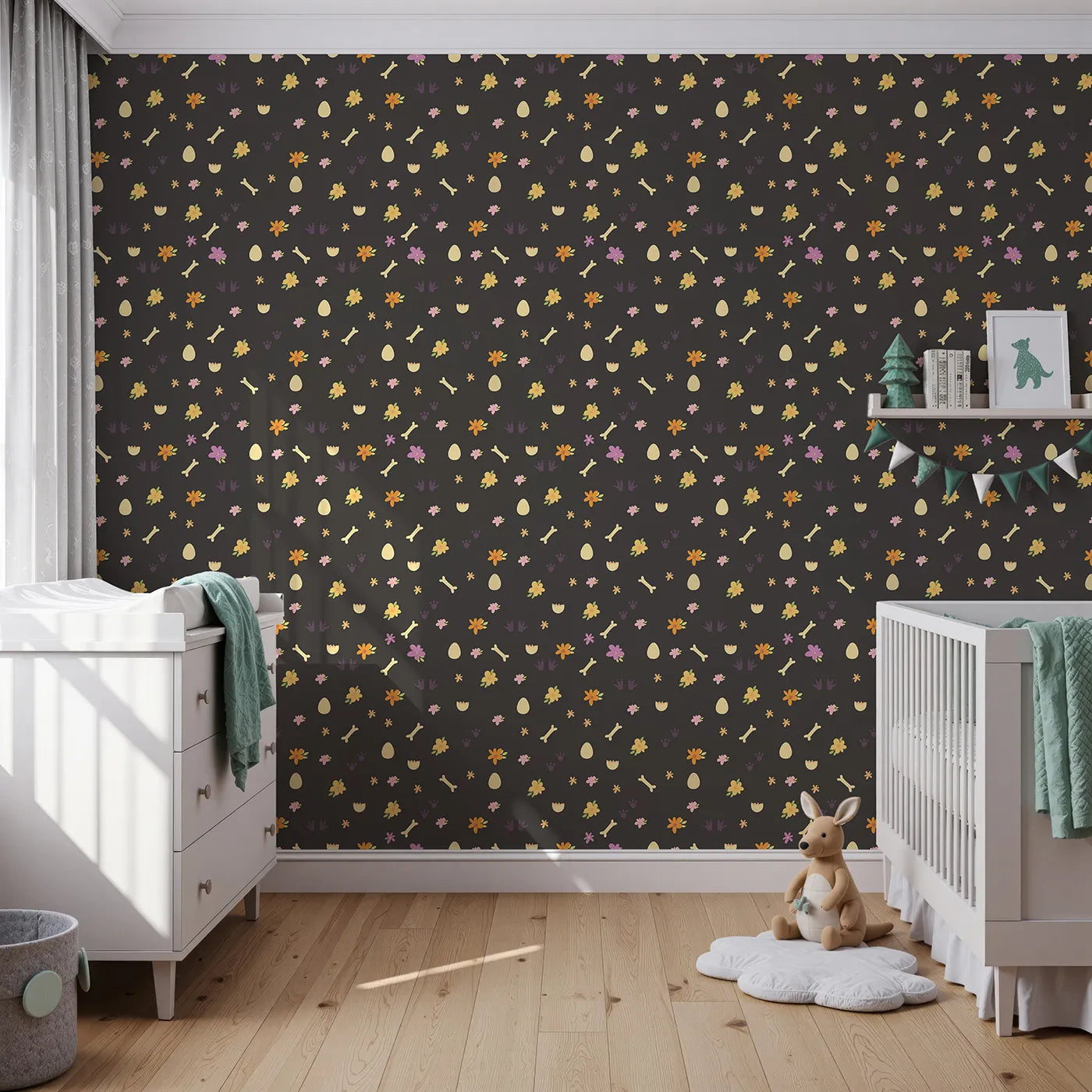 Front view of Whimsy Tots' Dino Hatch Trail Wallpaper in Midnight Soil