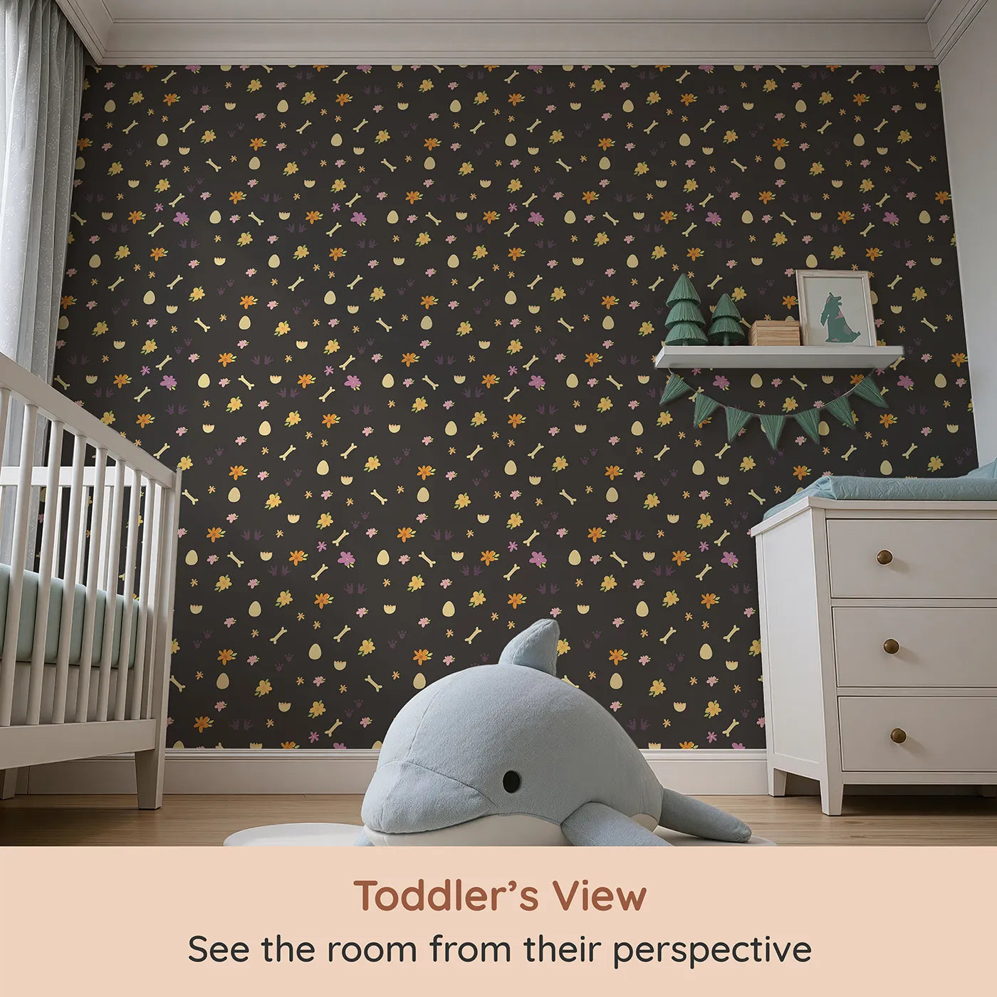 Whimsy Tots Dino Hatch Trail Wallpaper in Midnight Soil (W3118E) from your child's view.Bright prints and petals shine on deep black earth.